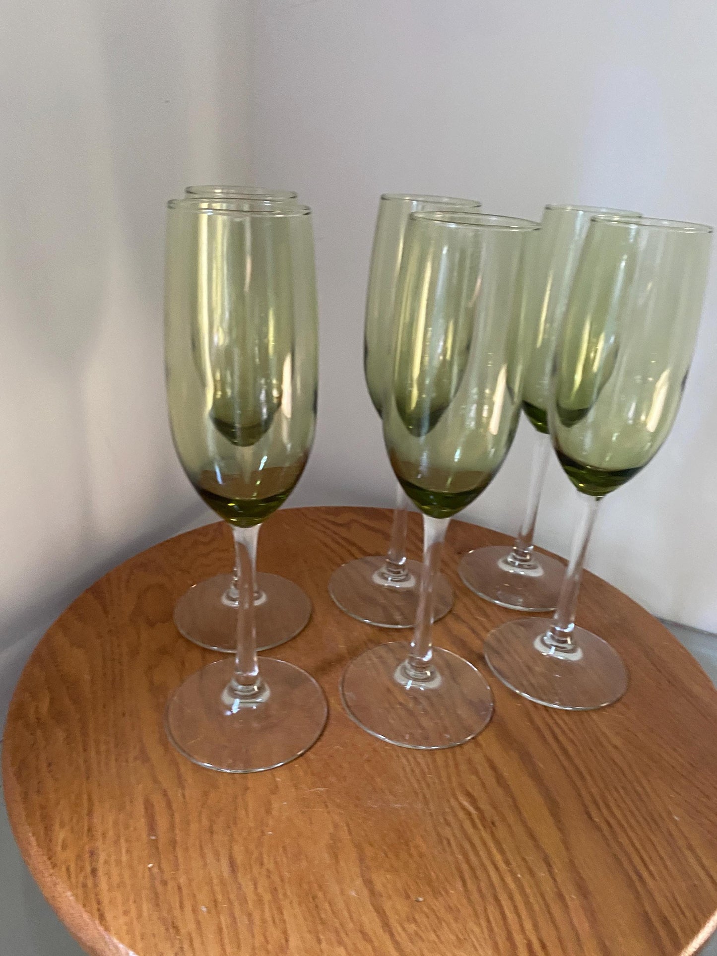 Vintage Set of 6 Olive Green Glass Bowl Champagne Flutes with Clear Stems