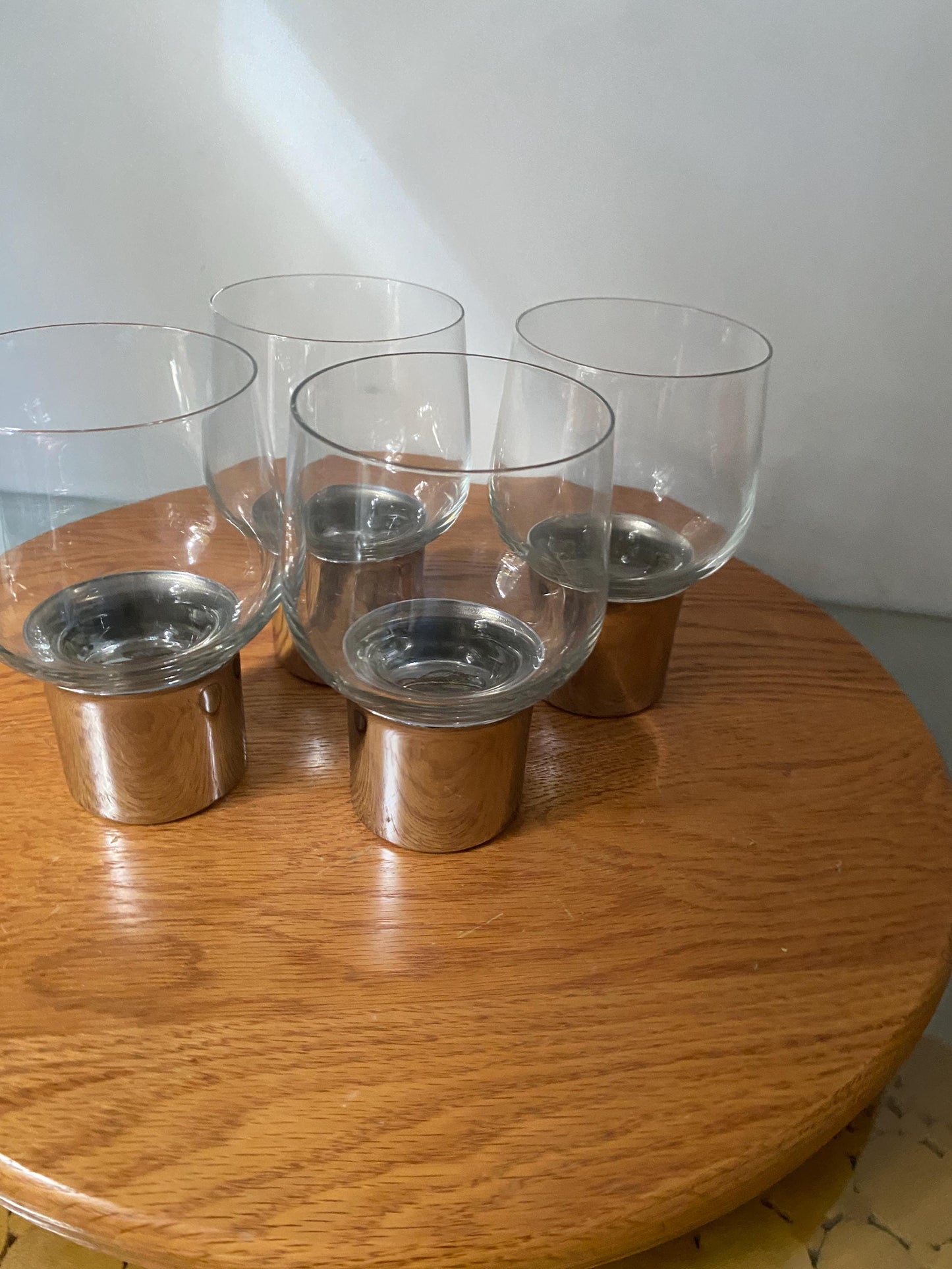 Set of 4 MCM Glass Tumblers with Silver Tone Metal Base