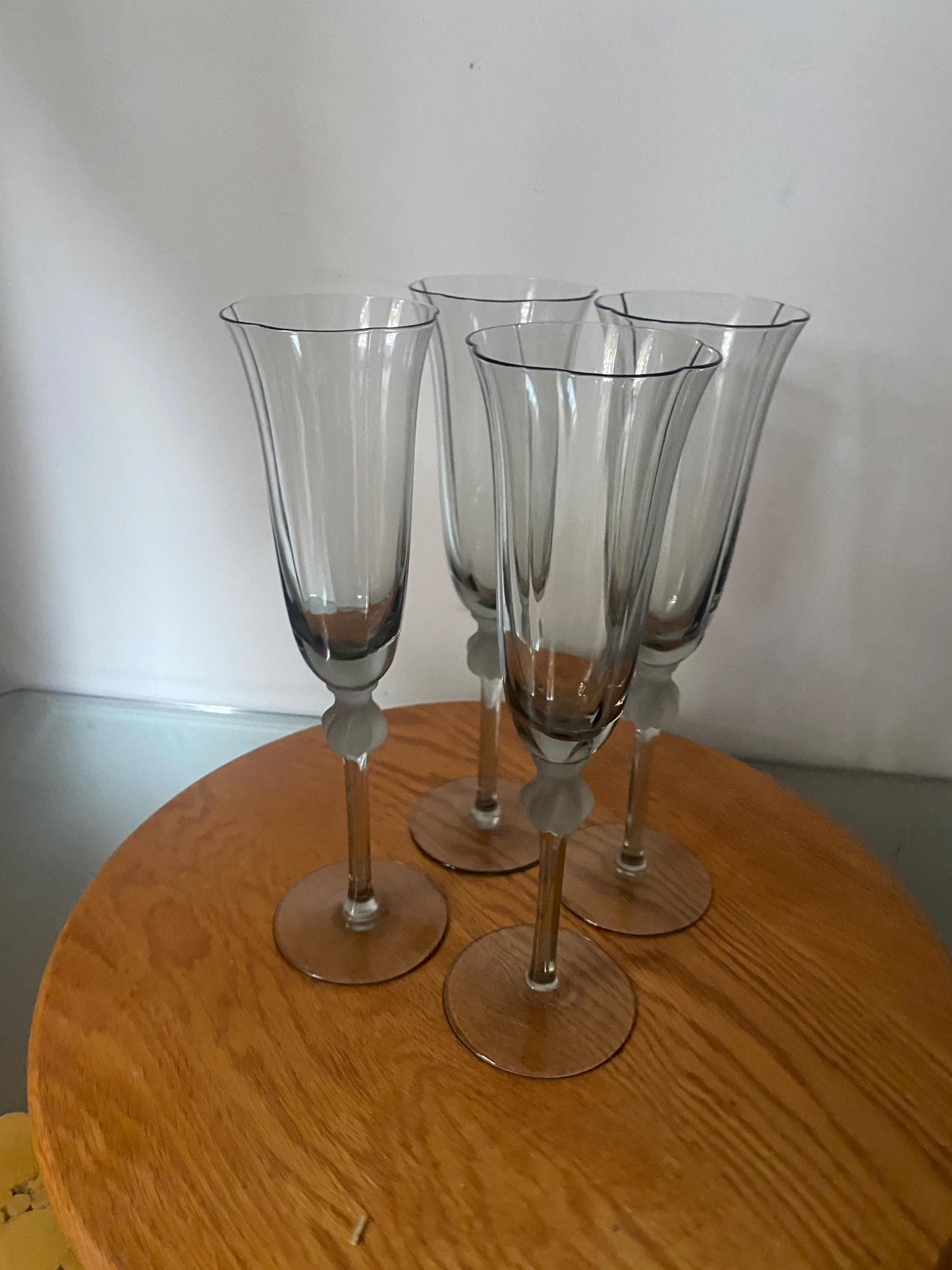 Set of 4 Tall  Smokey Gray Glass Champagne Flutes with Flared Lip and Frosted Detail
