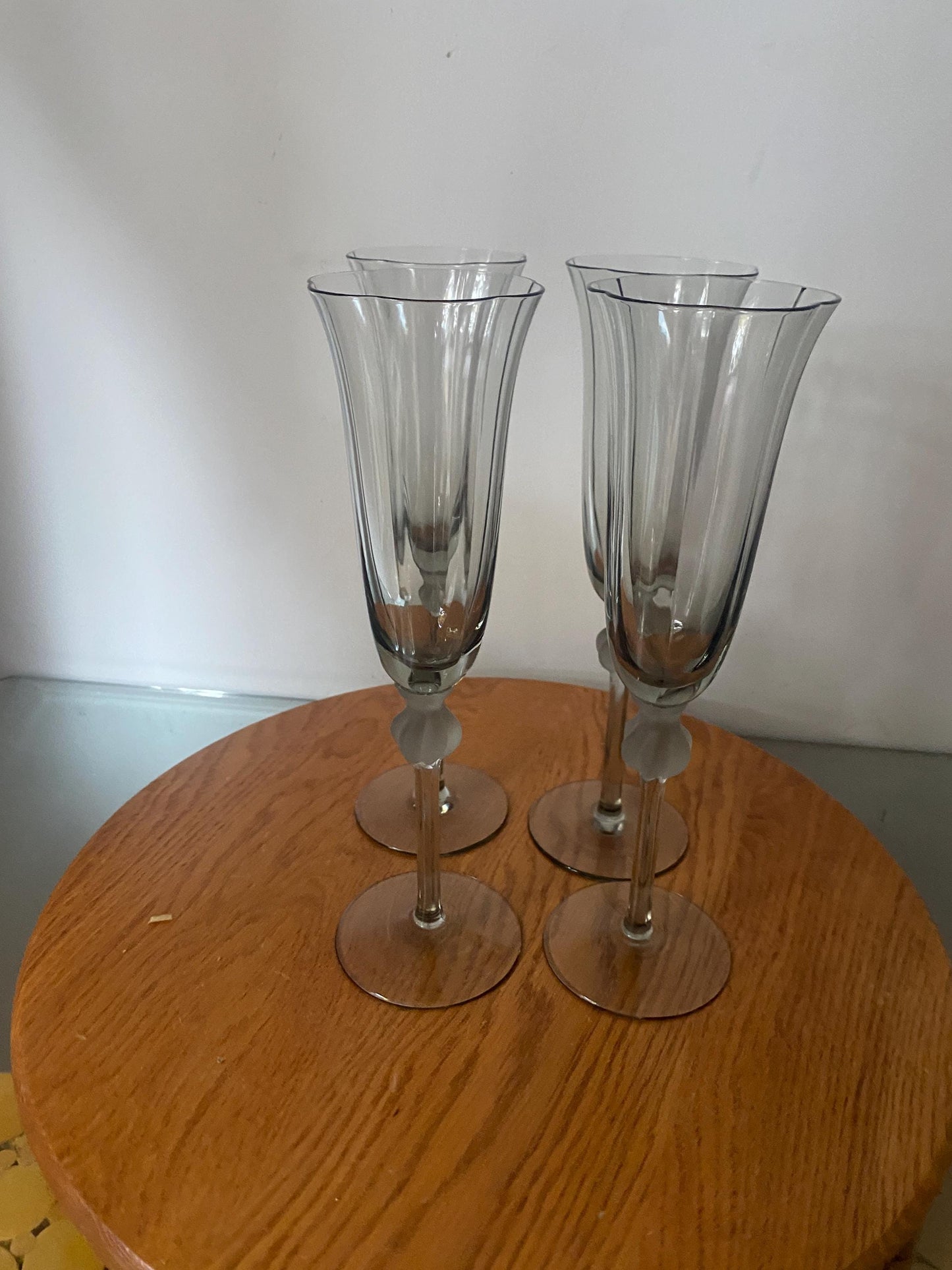 Set of 4 Tall  Smokey Gray Glass Champagne Flutes with Flared Lip and Frosted Detail