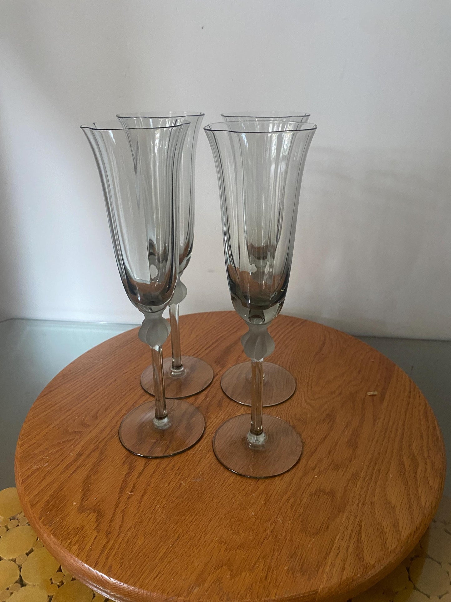 Set of 4 Tall  Smokey Gray Glass Champagne Flutes with Flared Lip and Frosted Detail