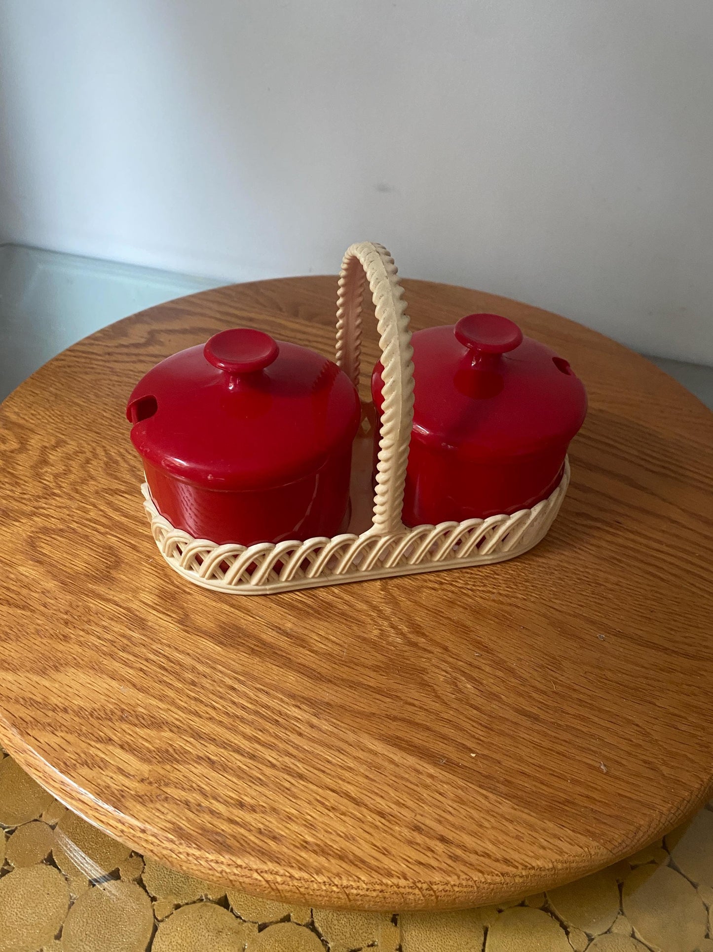 Set of Vintage Red Plastic Lidded Dishes in Cream Caddy Made in Germany