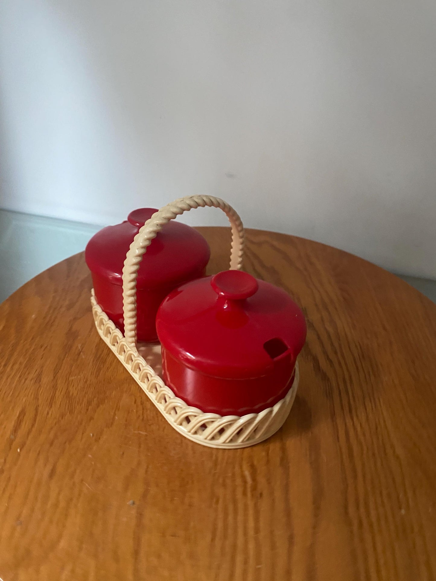 Set of Vintage Red Plastic Lidded Dishes in Cream Caddy Made in Germany