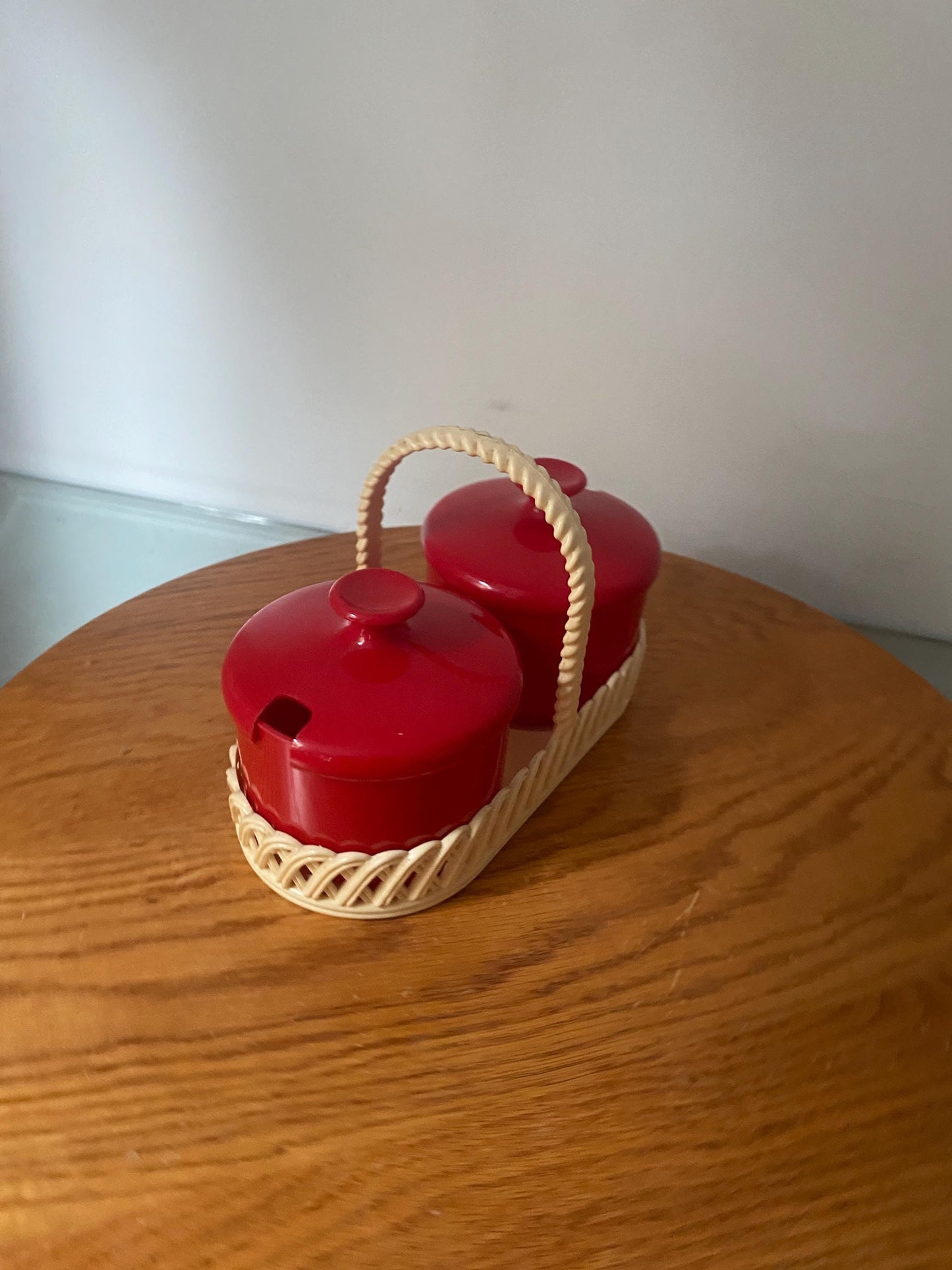 Set of Vintage Red Plastic Lidded Dishes in Cream Caddy Made in Germany