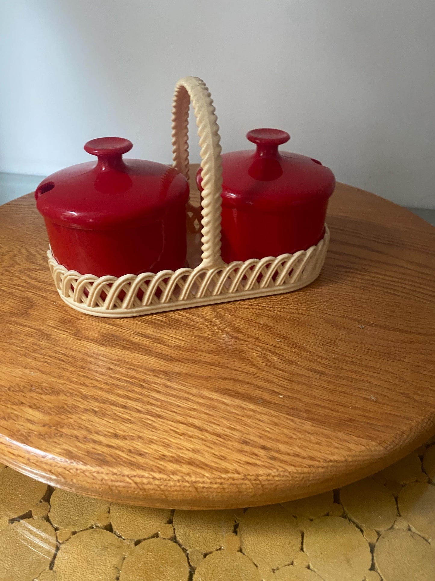 Set of Vintage Red Plastic Lidded Dishes in Cream Caddy Made in Germany