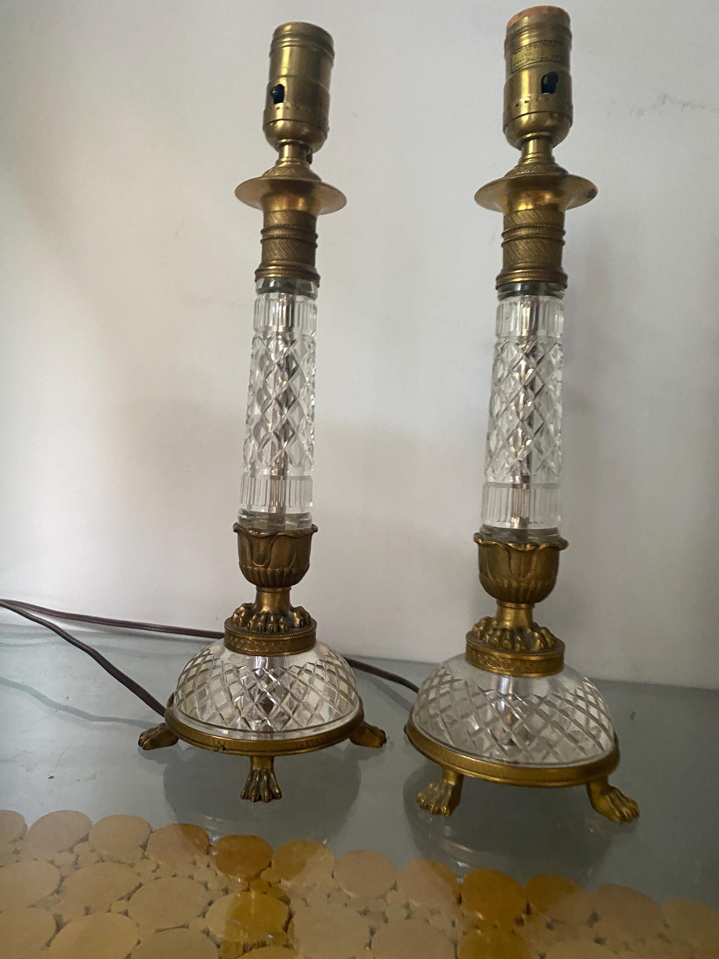 Pair of Antique Brass & Crystal Lamps with Footed Base Made in Austria No Shades