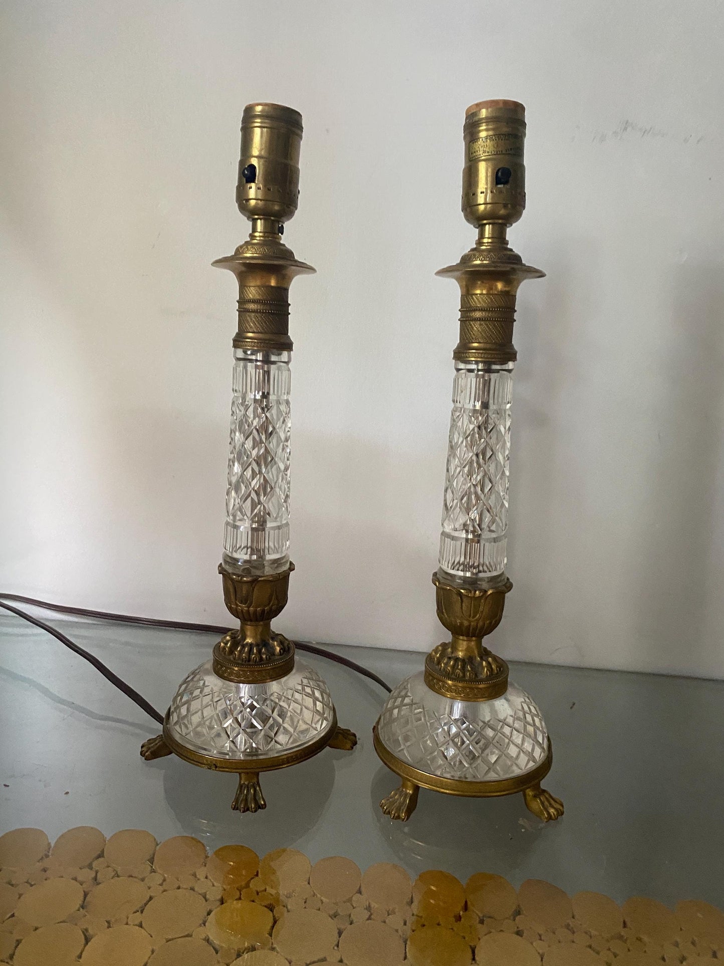 Pair of Antique Brass & Crystal Lamps with Footed Base Made in Austria No Shades