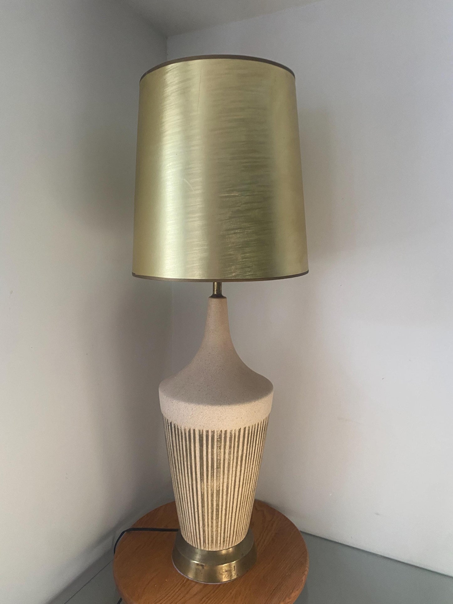 Tall MCM Cream and Gold Table Lamp No Shade