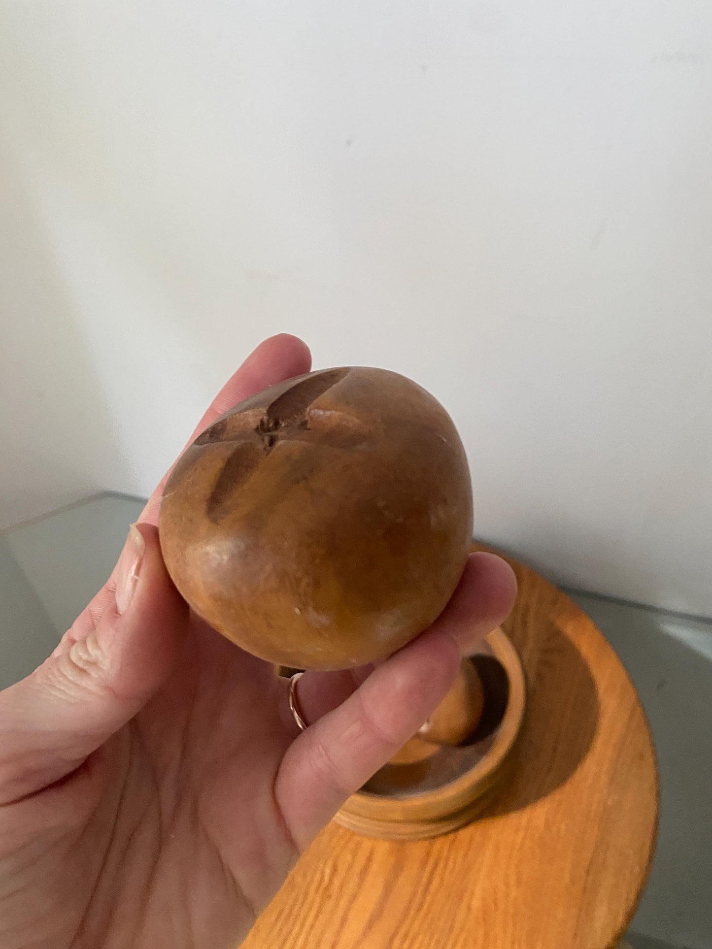 MCM Set of 4 Natural Carved Wooden Fruit in Wood Bowl