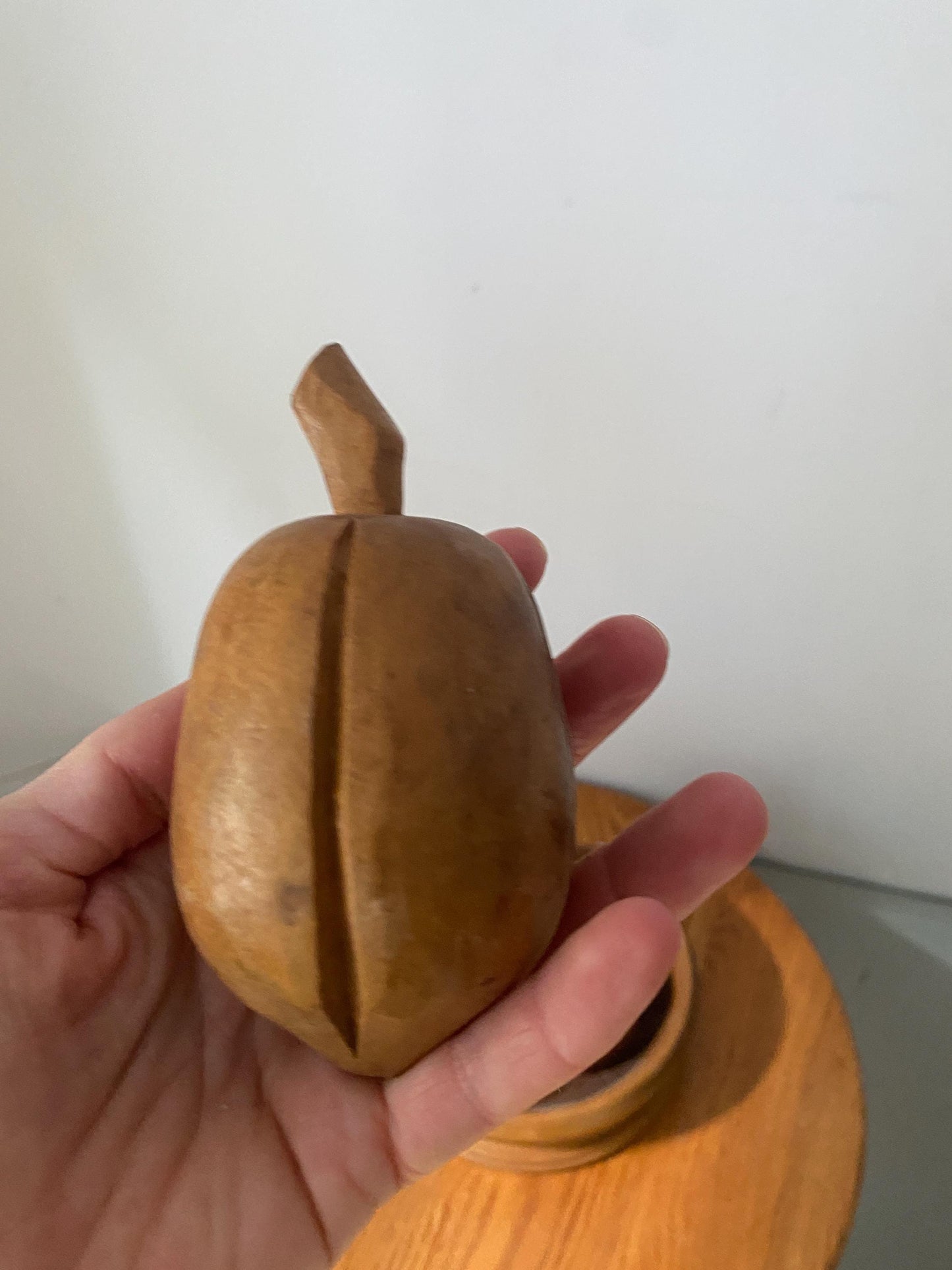 MCM Set of 4 Natural Carved Wooden Fruit in Wood Bowl
