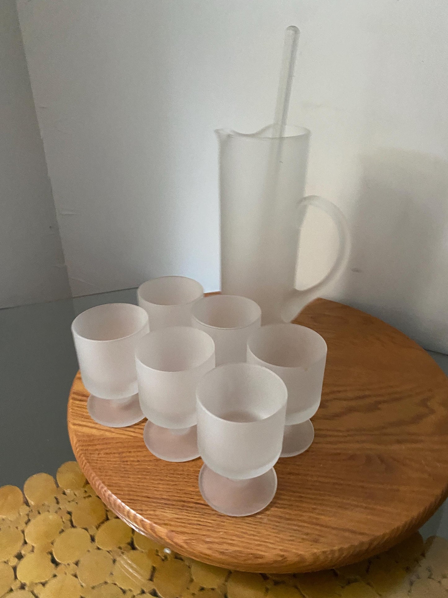 MCM Tall Frosted Glass Jug with 6 Matching Short Wine Glasses with Stir Stick