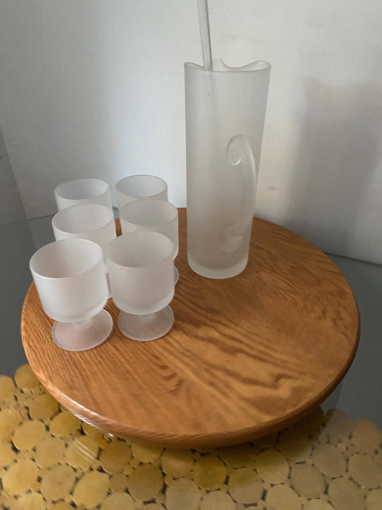 MCM Tall Frosted Glass Jug with 6 Matching Short Wine Glasses with Stir Stick