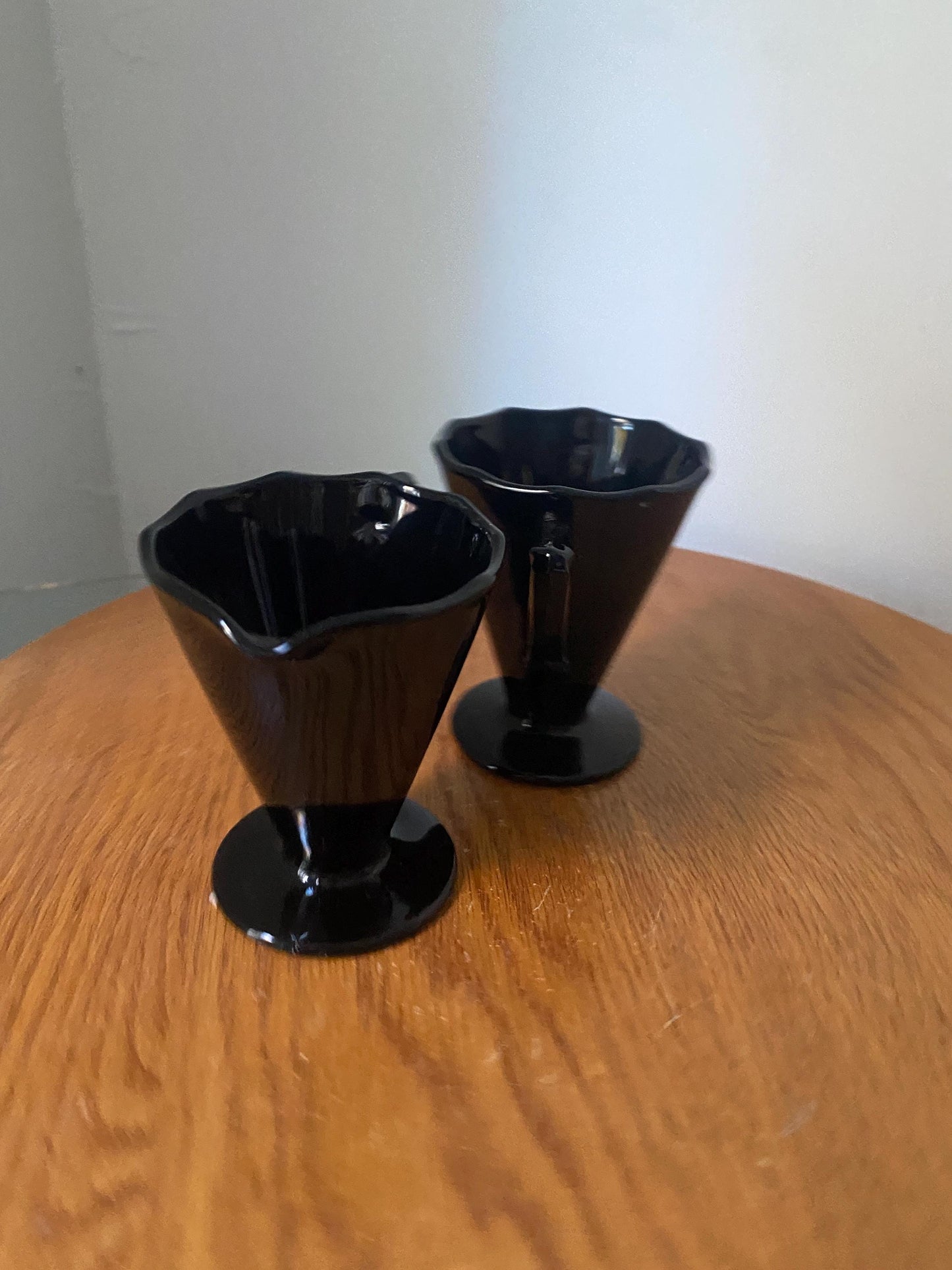 Vintage Pair of Ameythst Black Glass Cream and Sugar Set