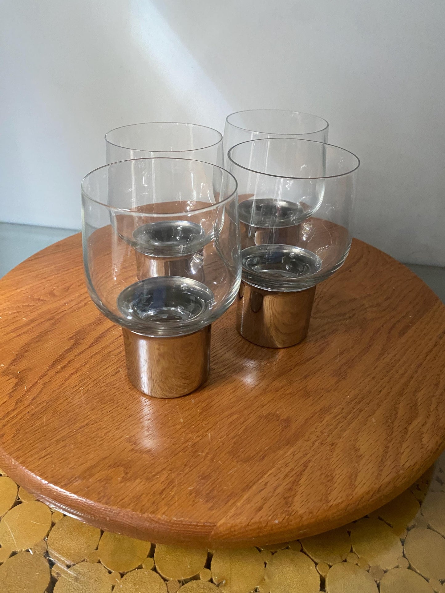 Set of 4 MCM Glass Tumblers with Silver Tone Metal Base