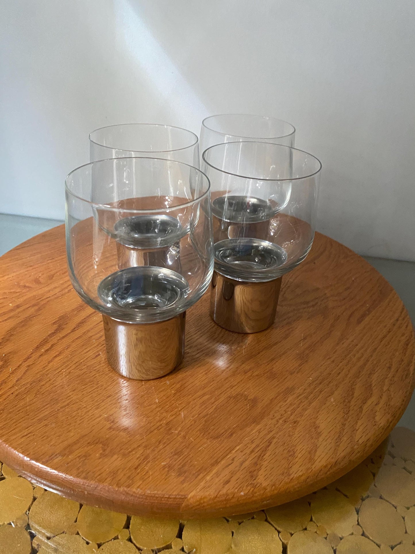 Set of 4 MCM Glass Tumblers with Silver Tone Metal Base