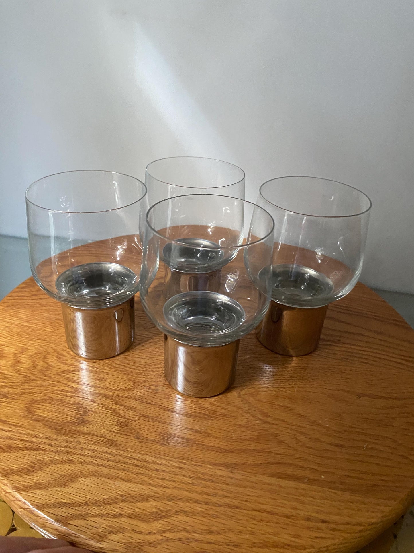 Set of 4 MCM Glass Tumblers with Silver Tone Metal Base