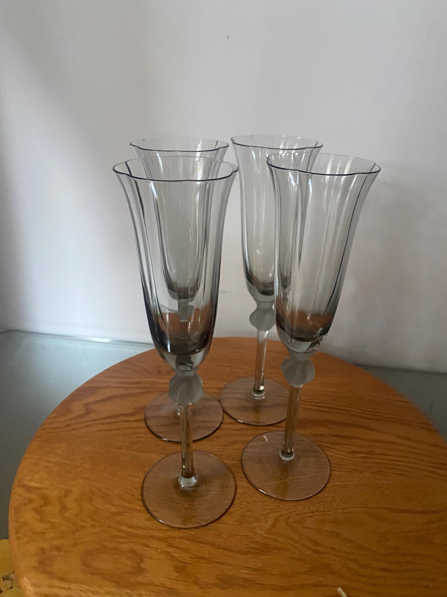 Set of 4 Tall  Smokey Gray Glass Champagne Flutes with Flared Lip and Frosted Detail