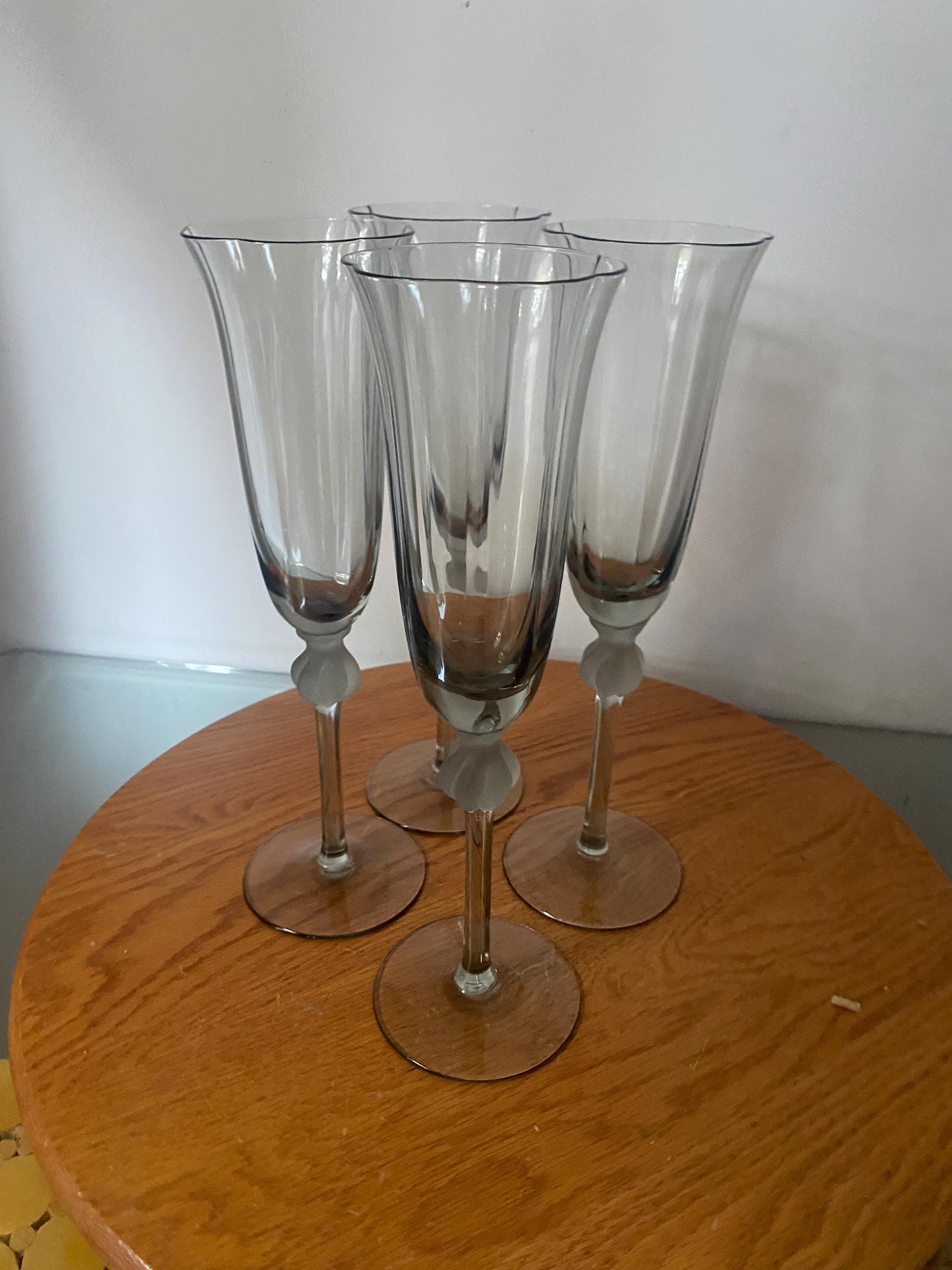 Set of 4 Tall  Smokey Gray Glass Champagne Flutes with Flared Lip and Frosted Detail