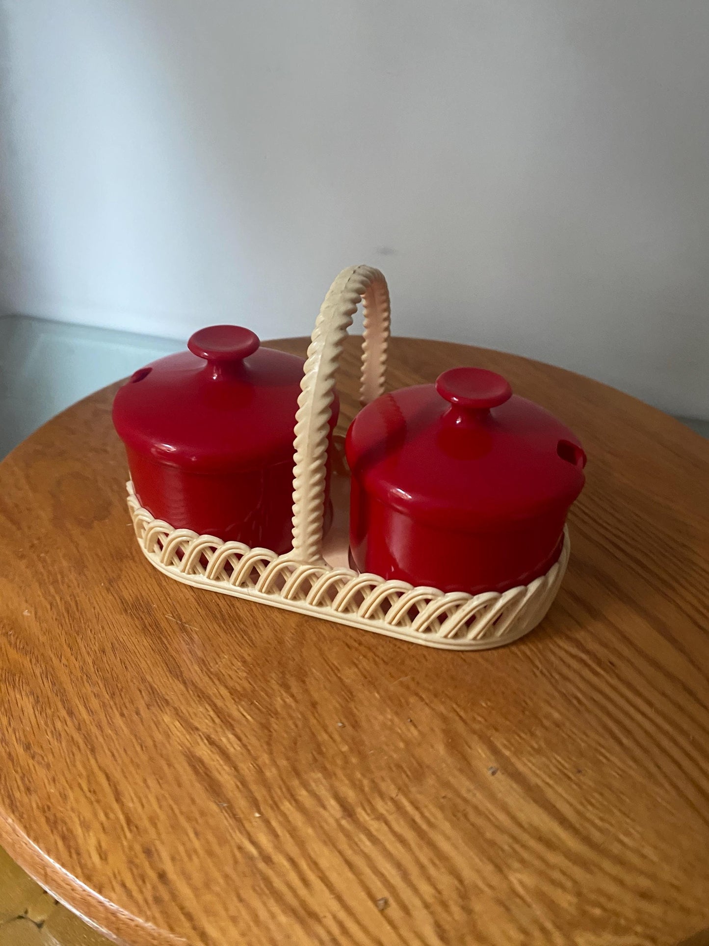Set of Vintage Red Plastic Lidded Dishes in Cream Caddy Made in Germany