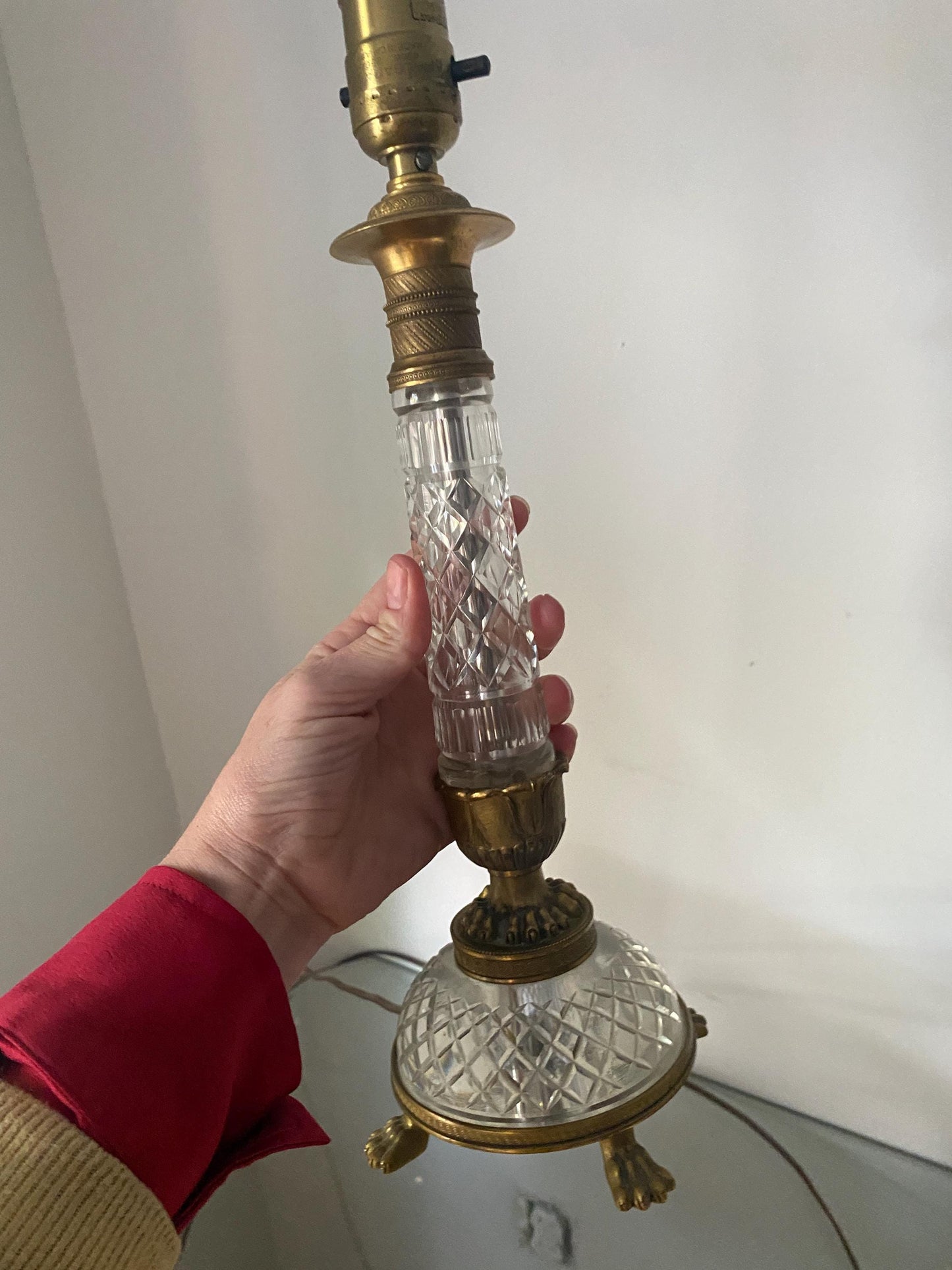 Pair of Antique Brass & Crystal Lamps with Footed Base Made in Austria No Shades
