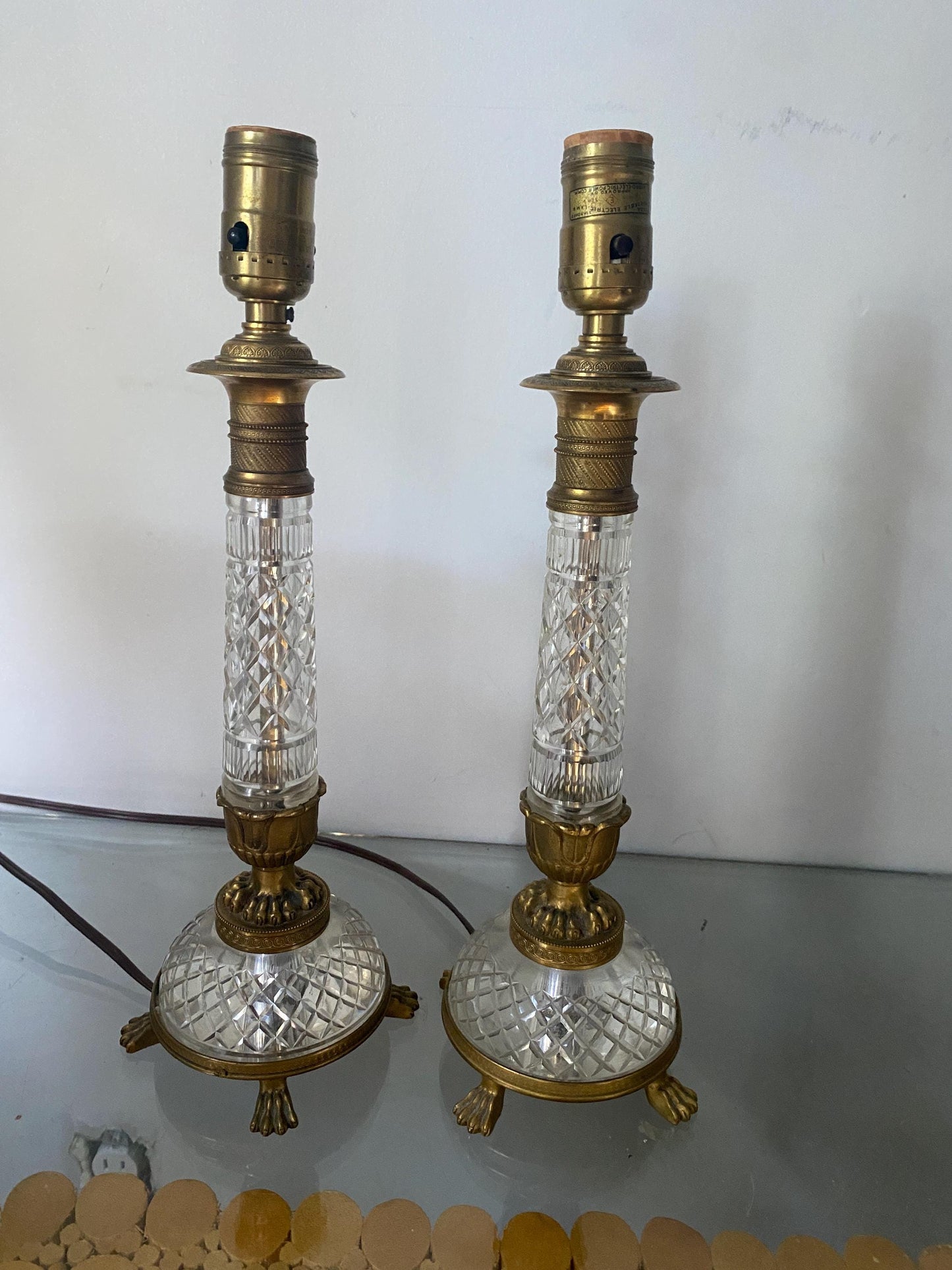 Pair of Antique Brass & Crystal Lamps with Footed Base Made in Austria No Shades