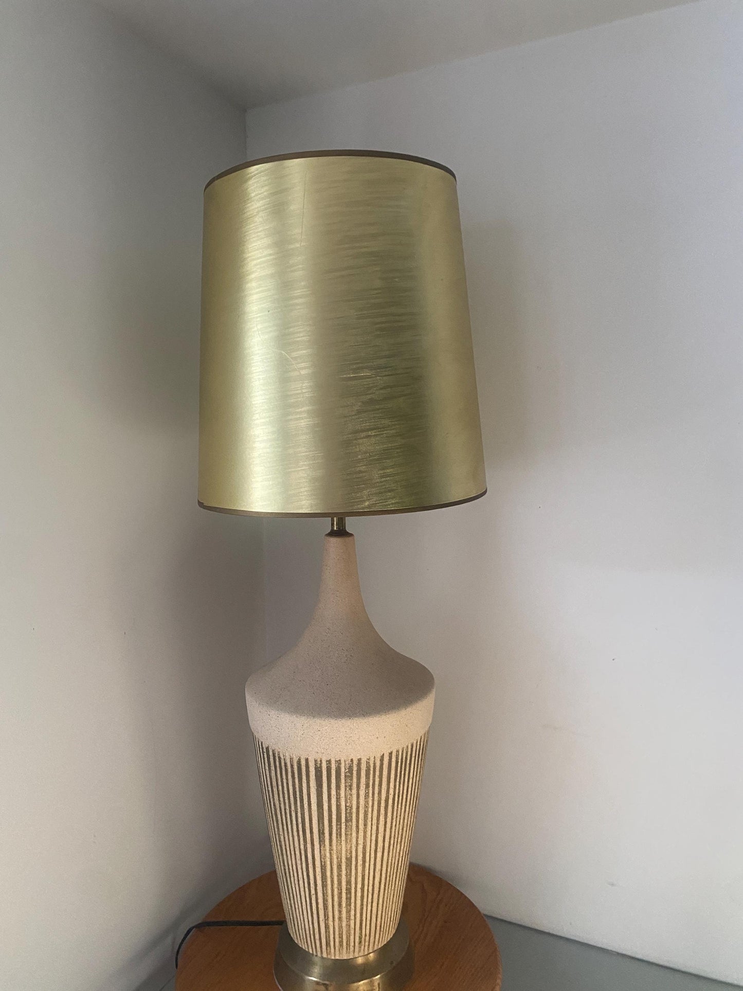 Tall MCM Cream and Gold Table Lamp No Shade