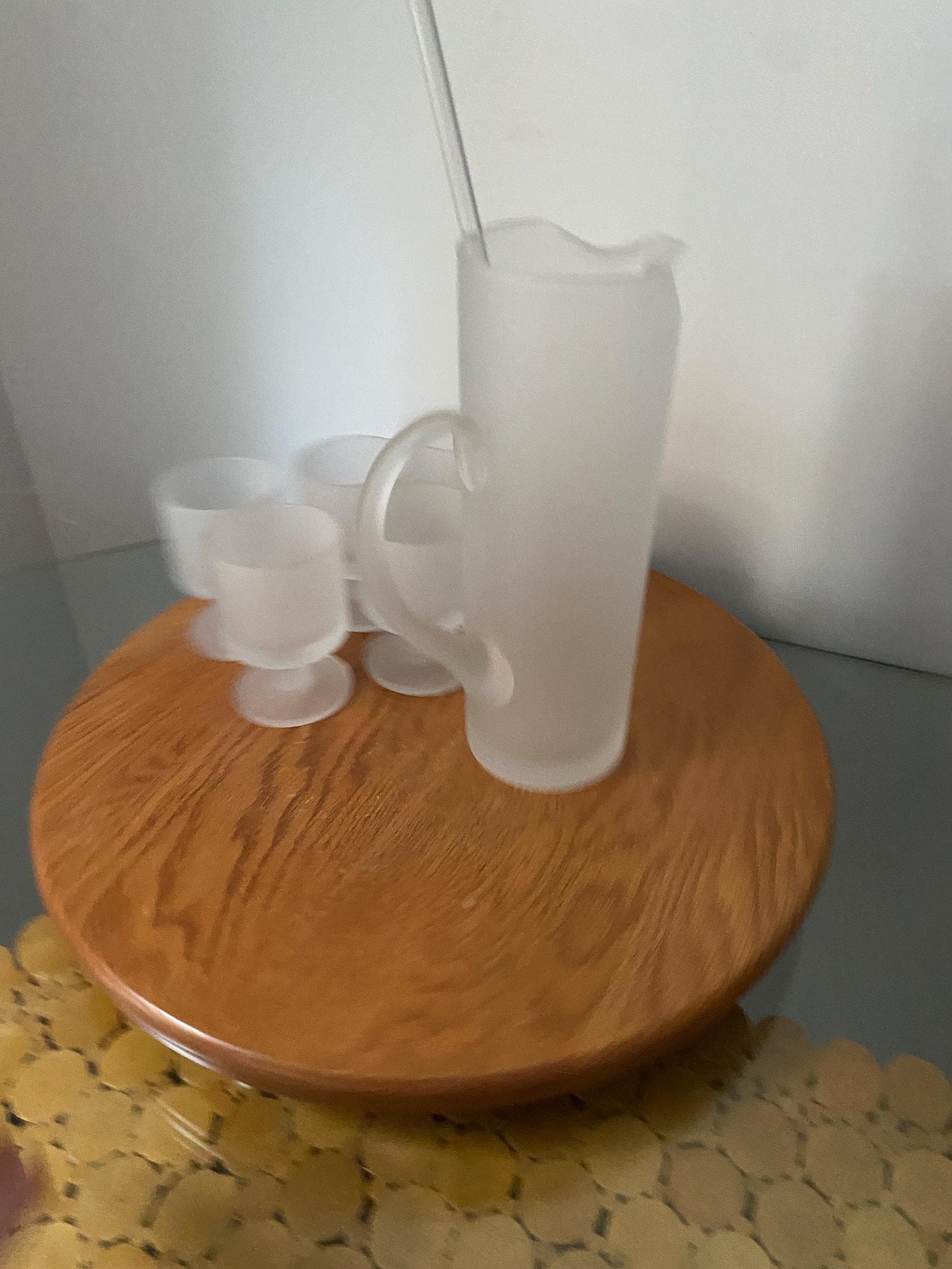 MCM Tall Frosted Glass Jug with 6 Matching Short Wine Glasses with Stir Stick