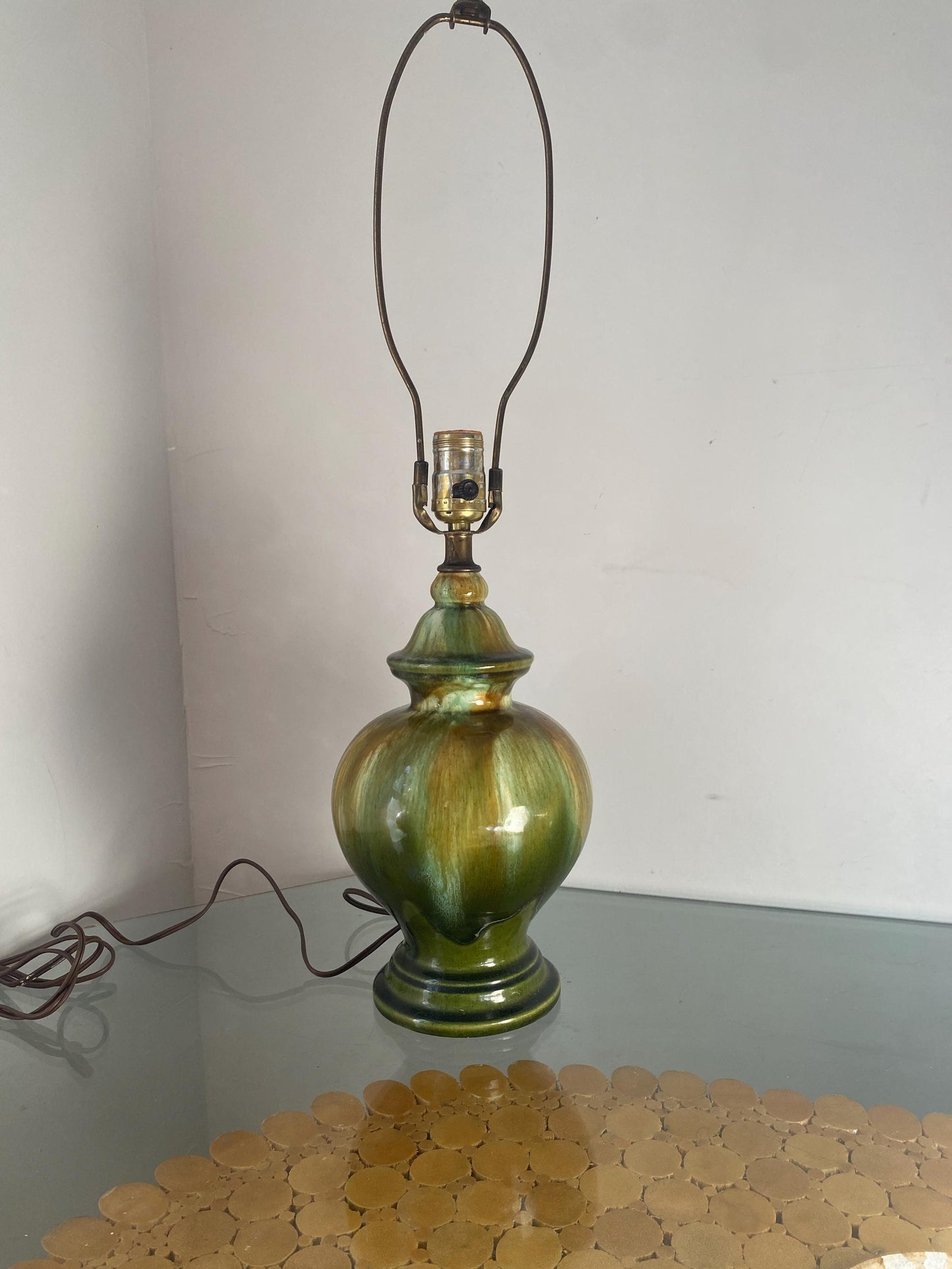 Vintage Green Drip Glaze Pottery Lamp No Shade