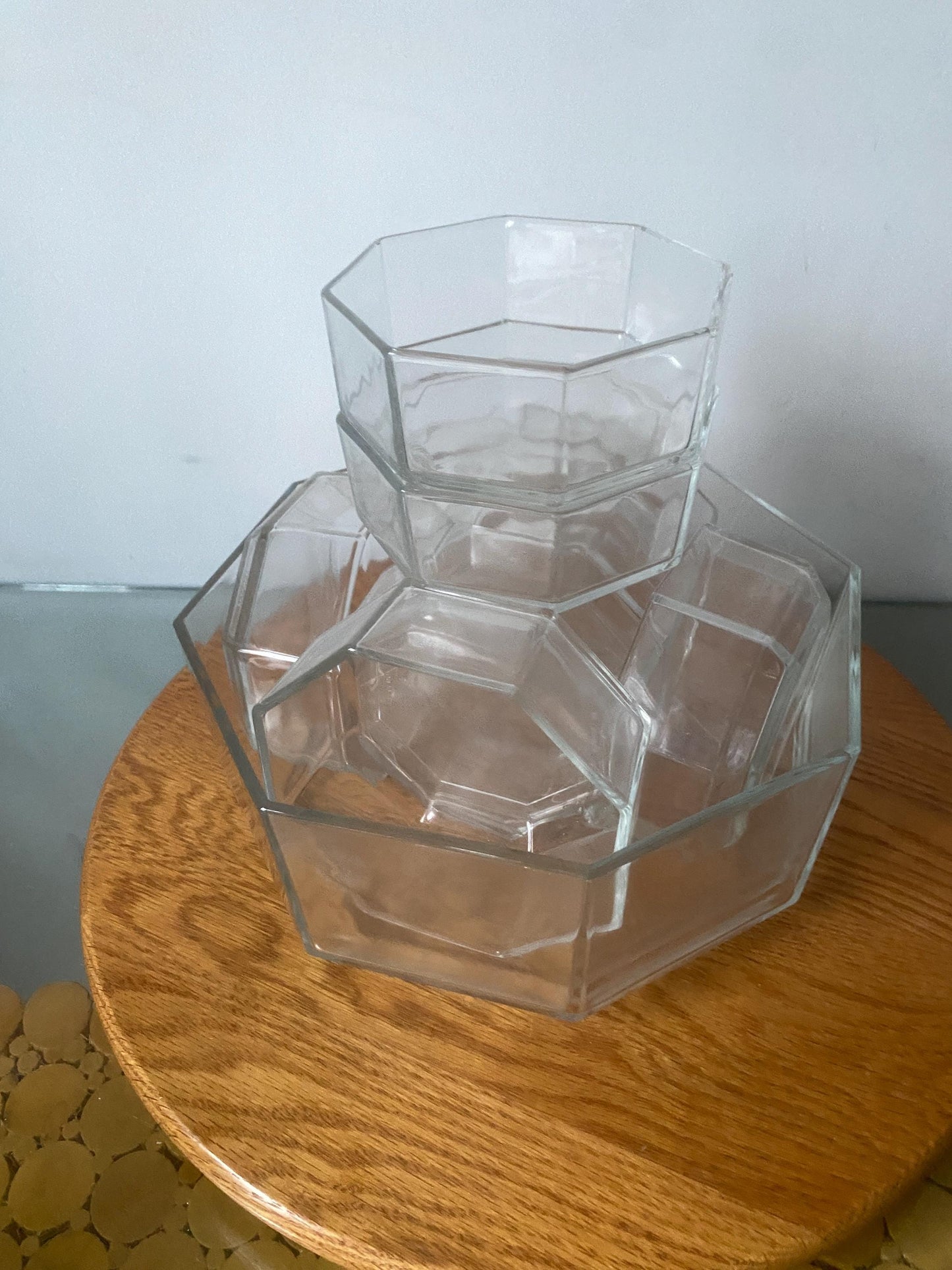 Retro Set of 9 Arcopal Octagonal Clear Glass Bowl Set Made in France