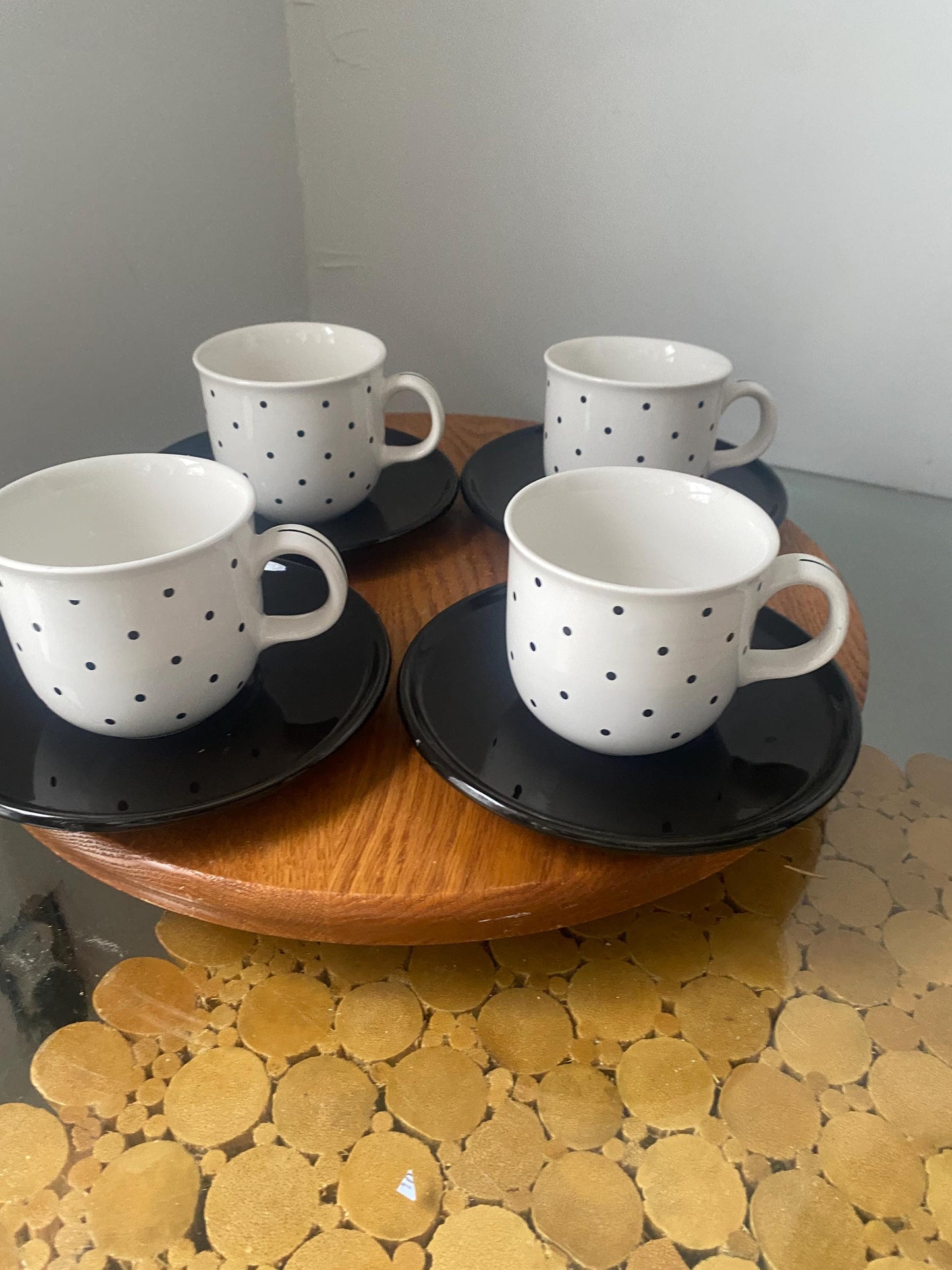Set of 4 Retro Black and White Polka Dot Tea Cups and Saucers