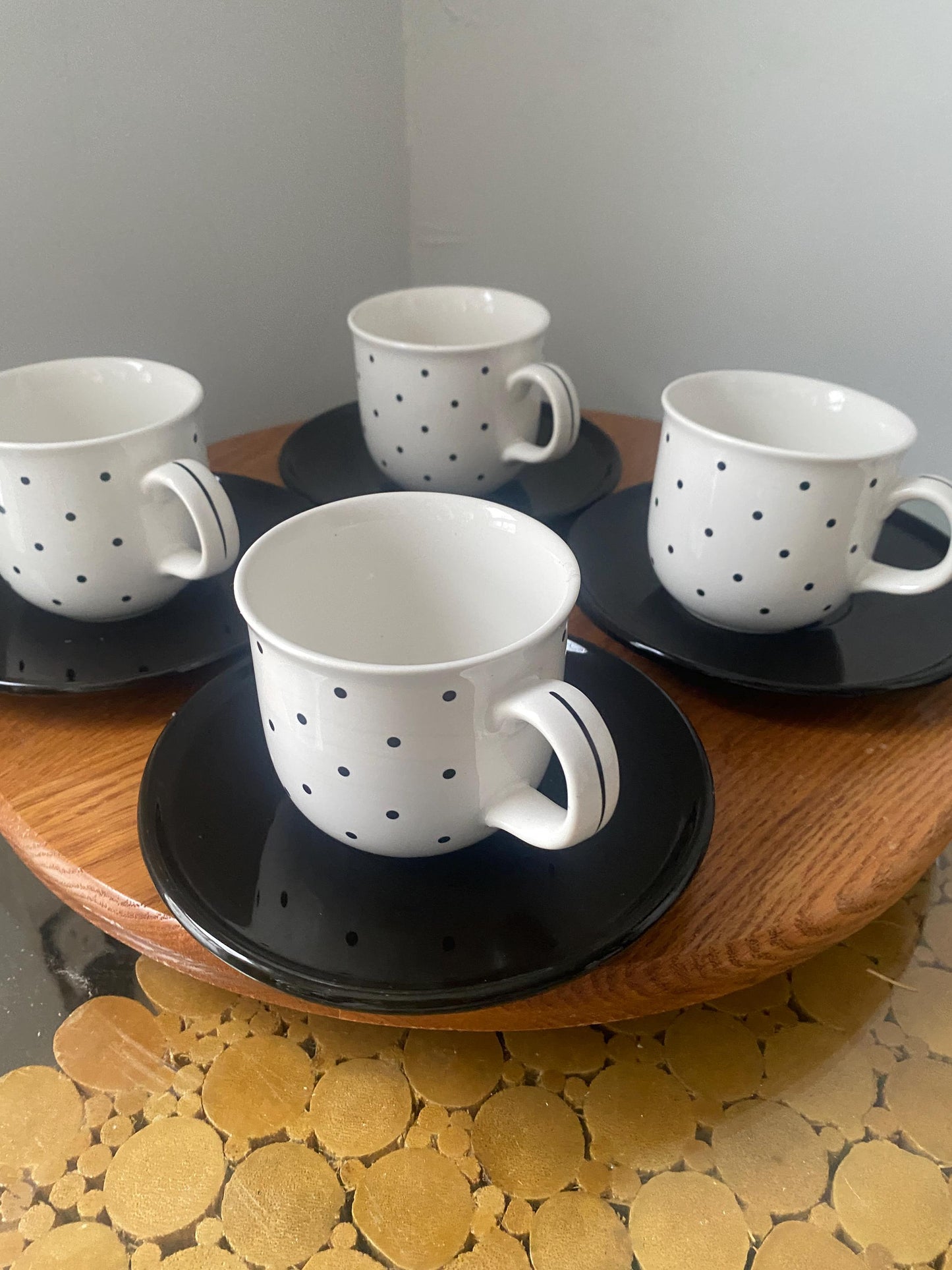 Set of 4 Retro Black and White Polka Dot Tea Cups and Saucers
