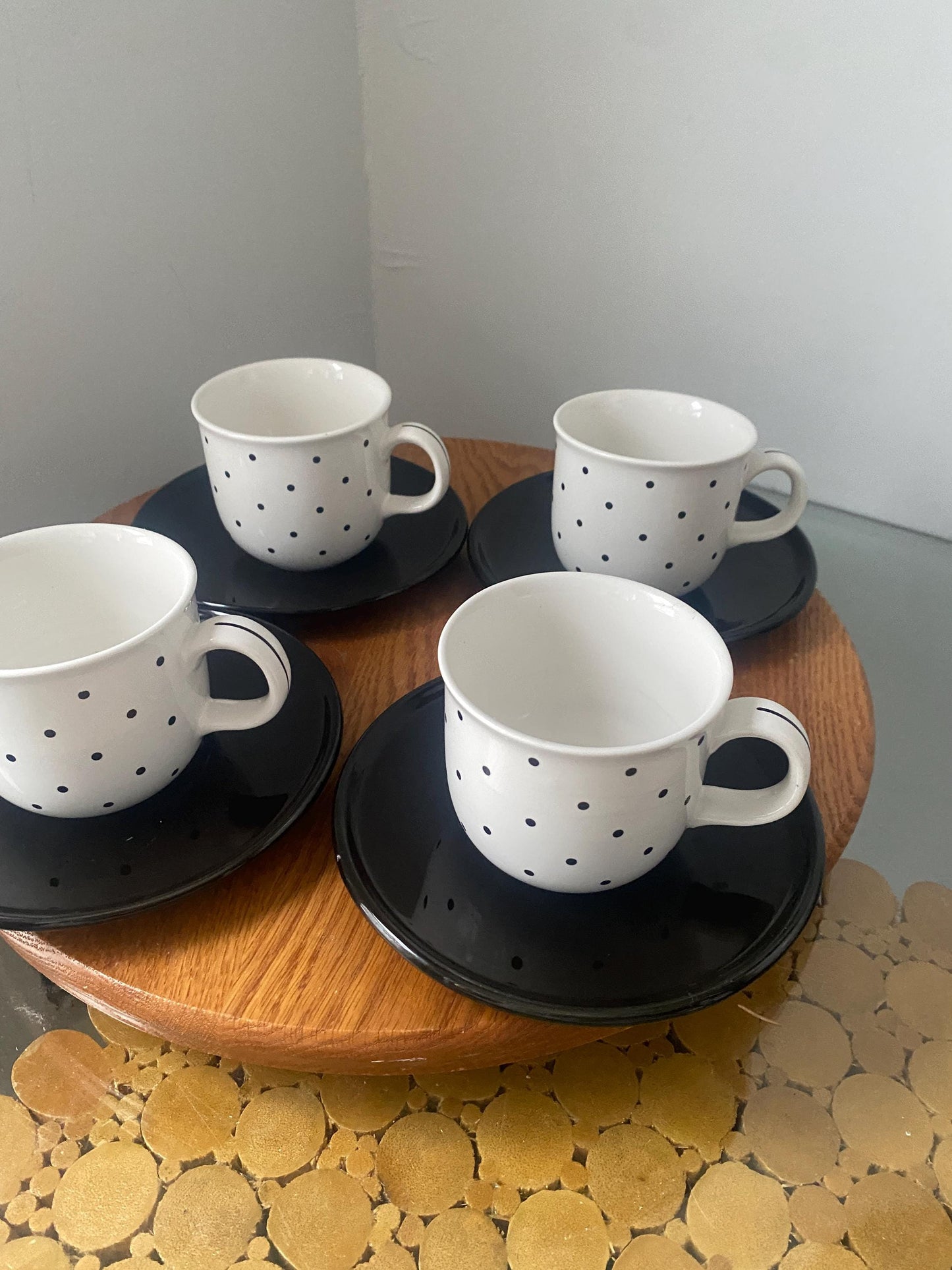 Set of 4 Retro Black and White Polka Dot Tea Cups and Saucers