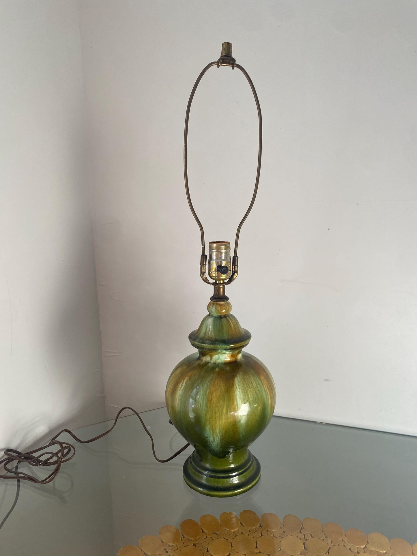 Vintage Green Drip Glaze Pottery Lamp No Shade