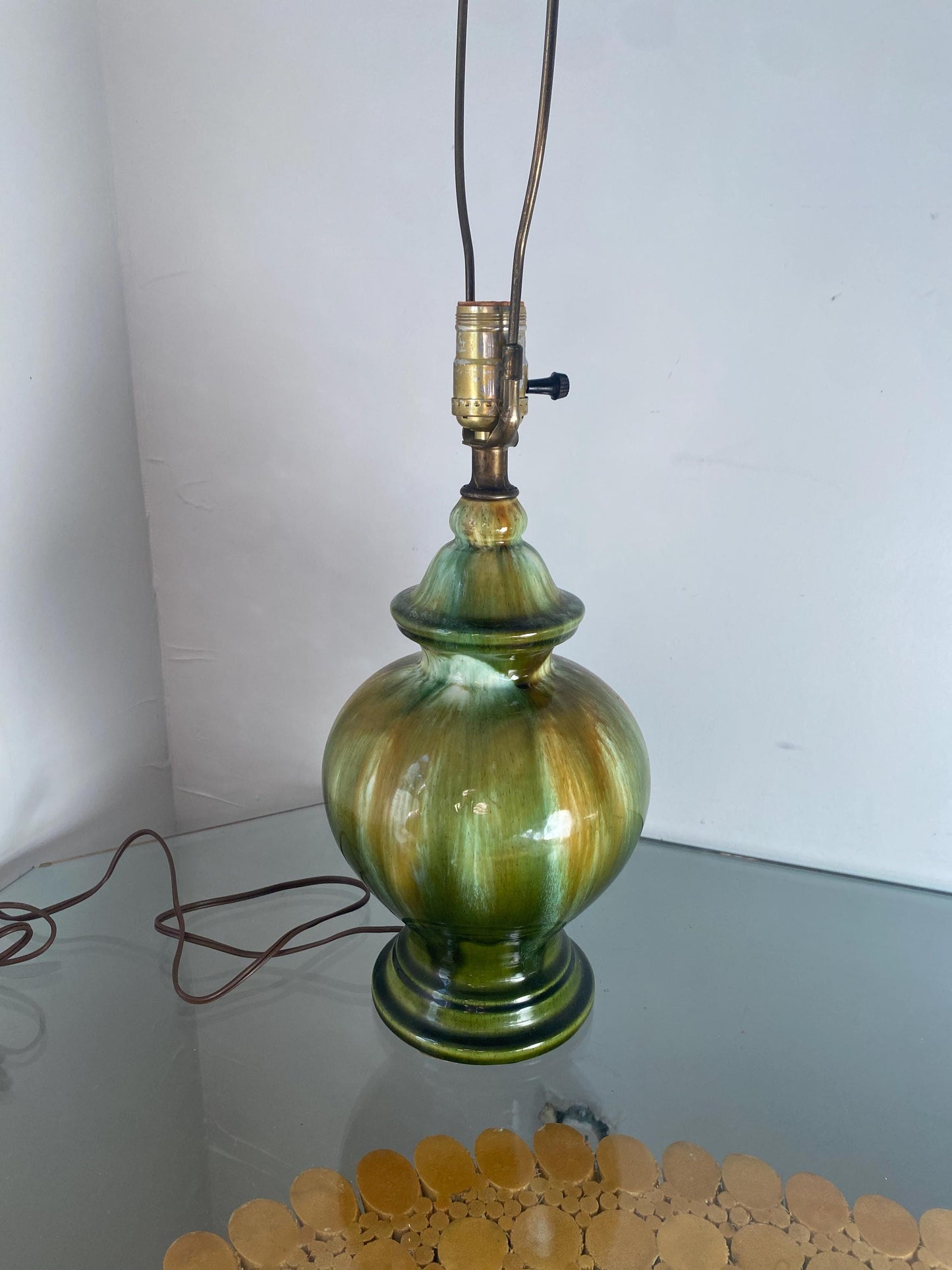Vintage Green Drip Glaze Pottery Lamp No Shade