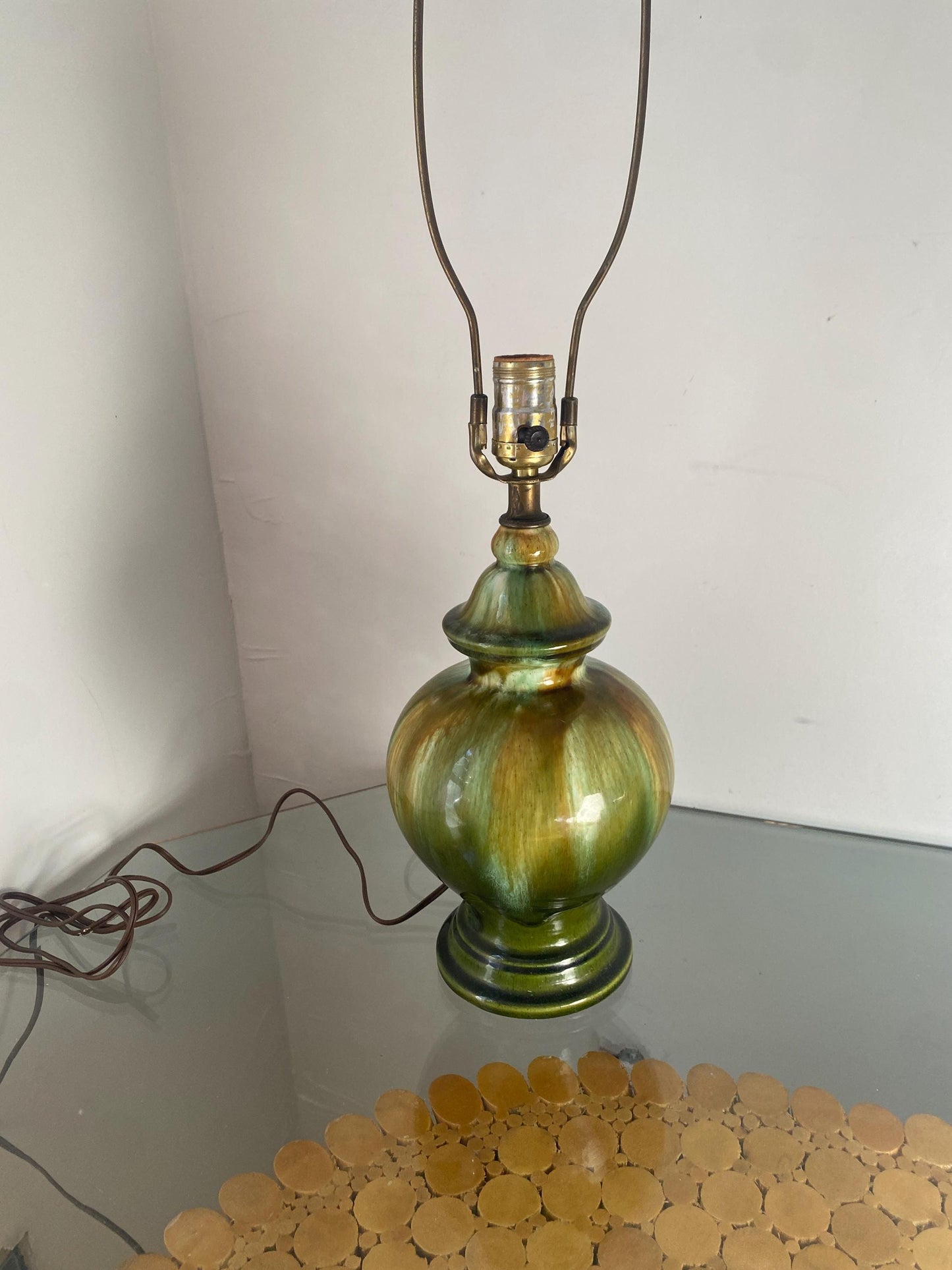 Vintage Green Drip Glaze Pottery Lamp No Shade