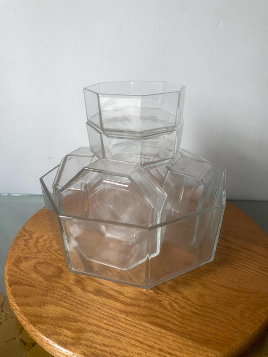 Retro Set of 9 Arcopal Octagonal Clear Glass Bowl Set Made in France