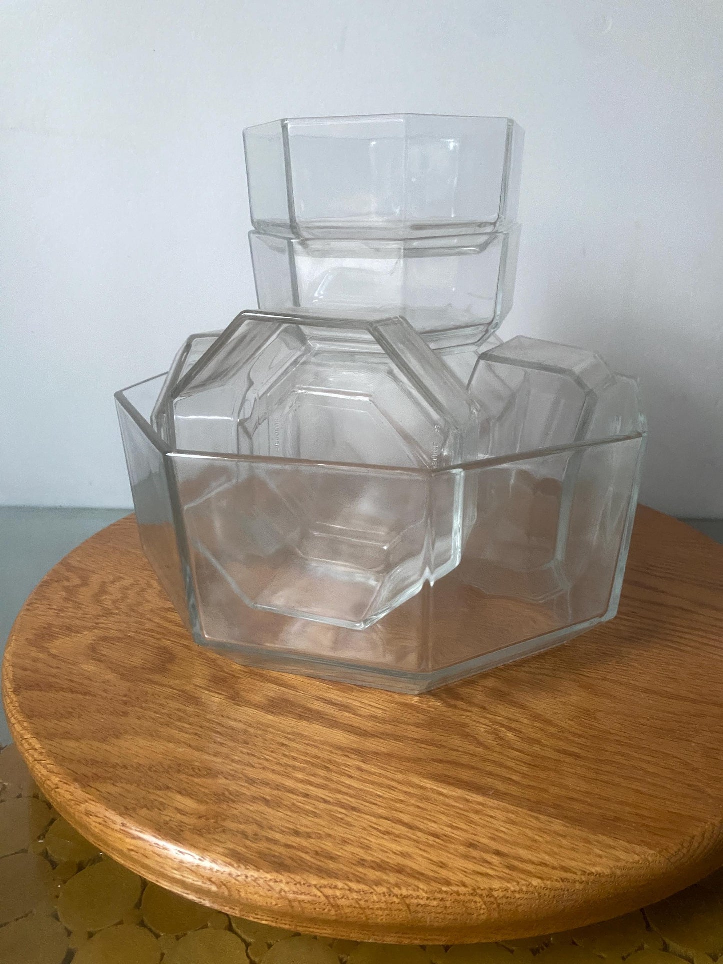 Retro Set of 9 Arcopal Octagonal Clear Glass Bowl Set Made in France
