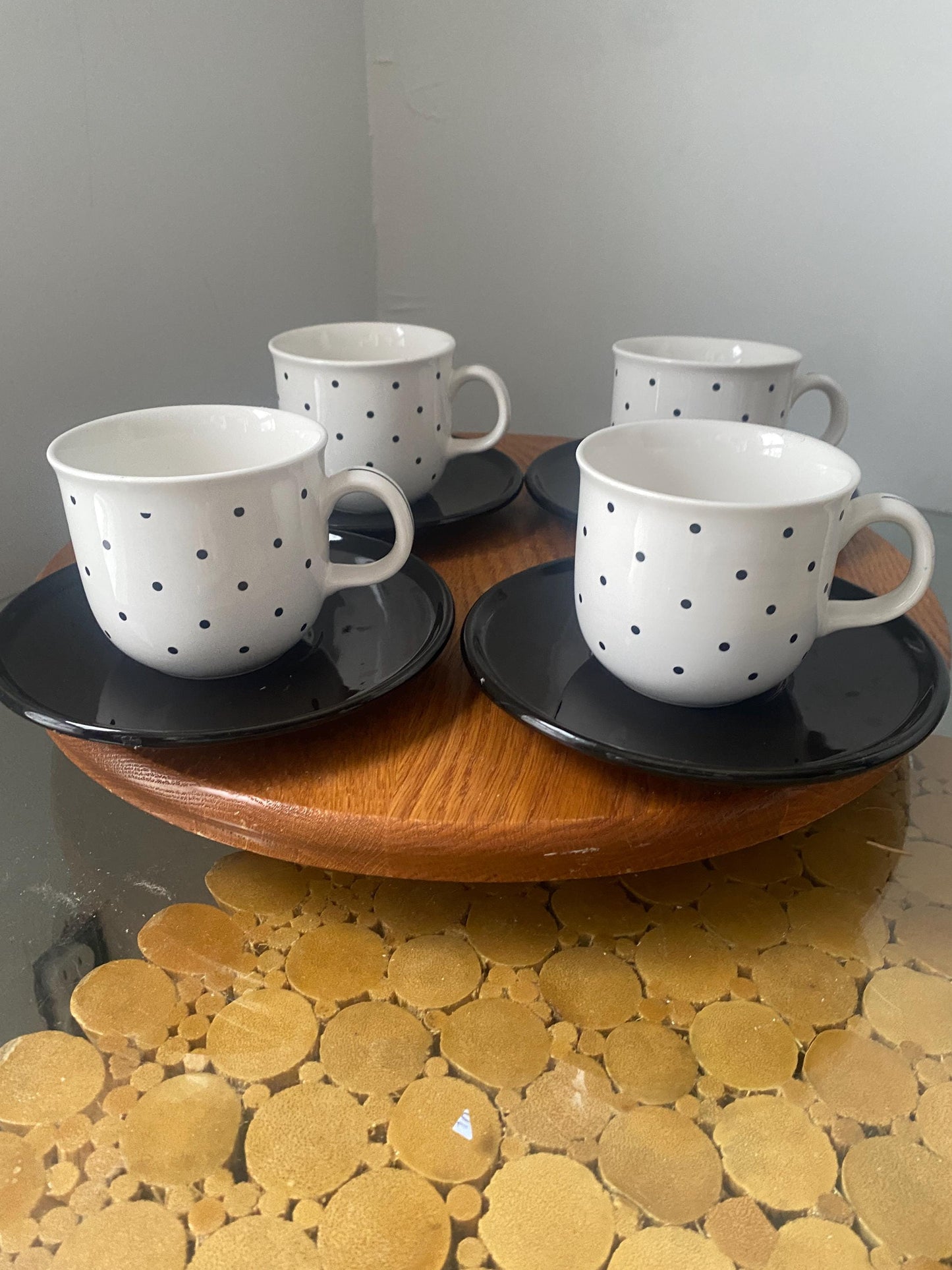 Set of 4 Retro Black and White Polka Dot Tea Cups and Saucers