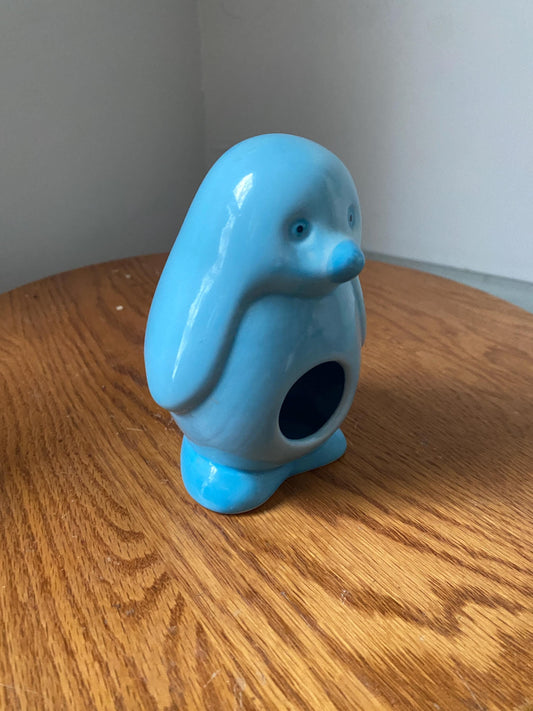 Vintage Light Blue Ceramic Penguin Cotton Ball Holder Made in Taiwan
