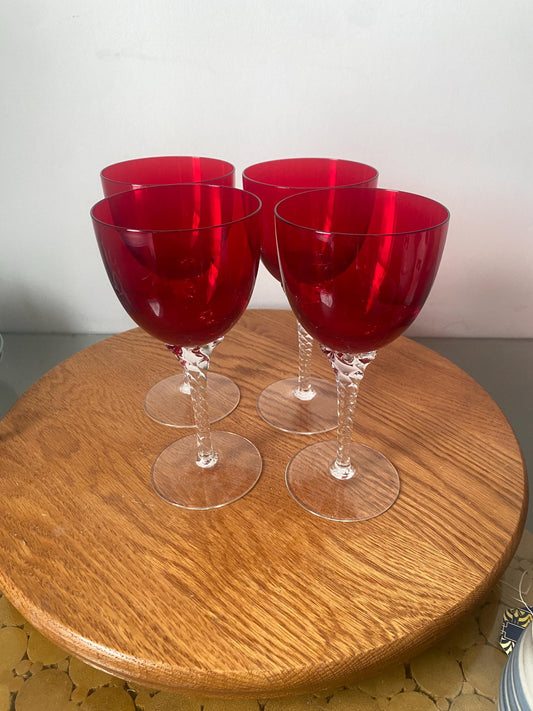 Set of 4 Vintage Ruby Red Bowl Wine Glasses with Twisted Clear Stem