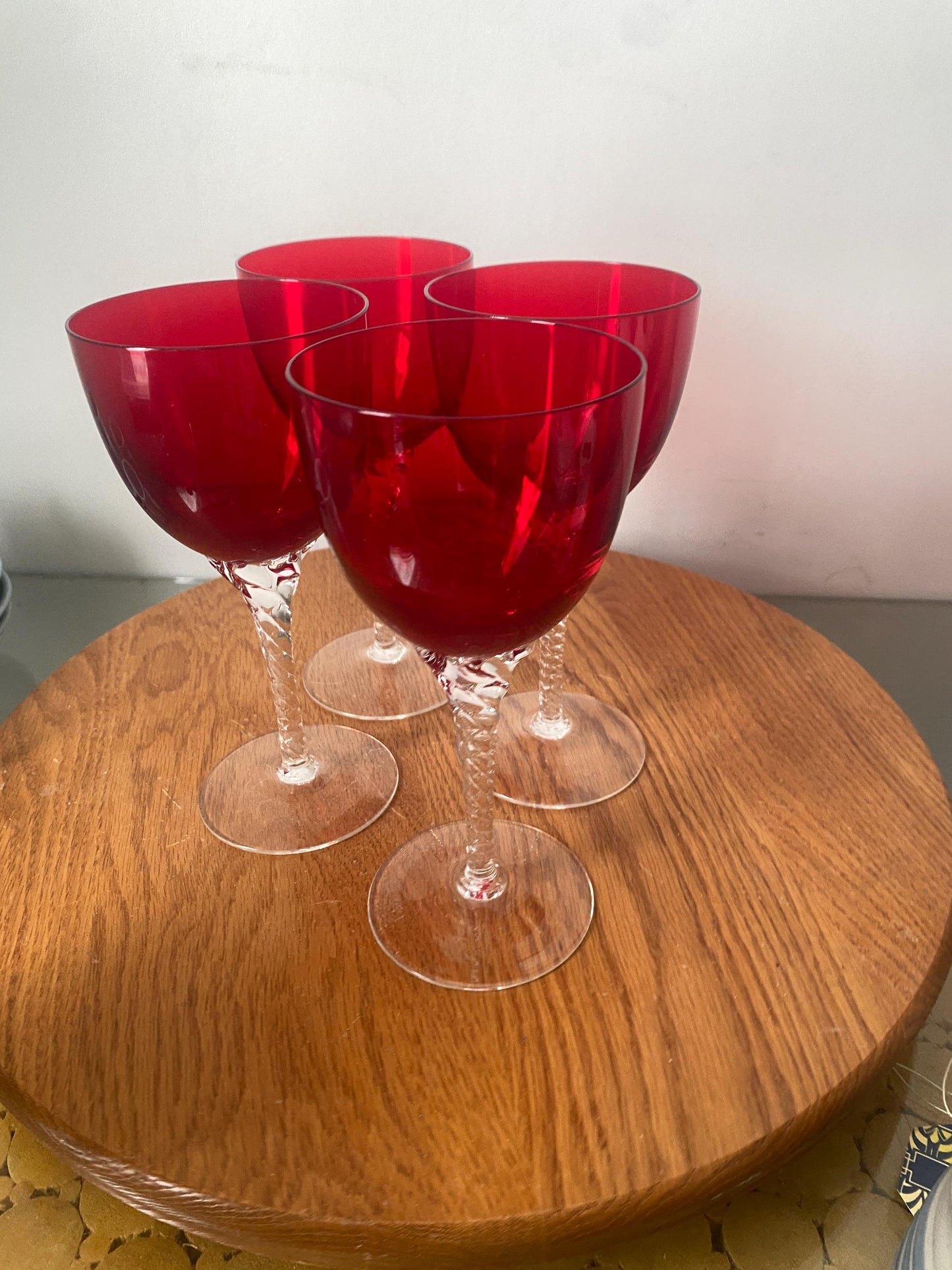 Set of 4 Vintage Ruby Red Bowl Wine Glasses with Twisted Clear Stem