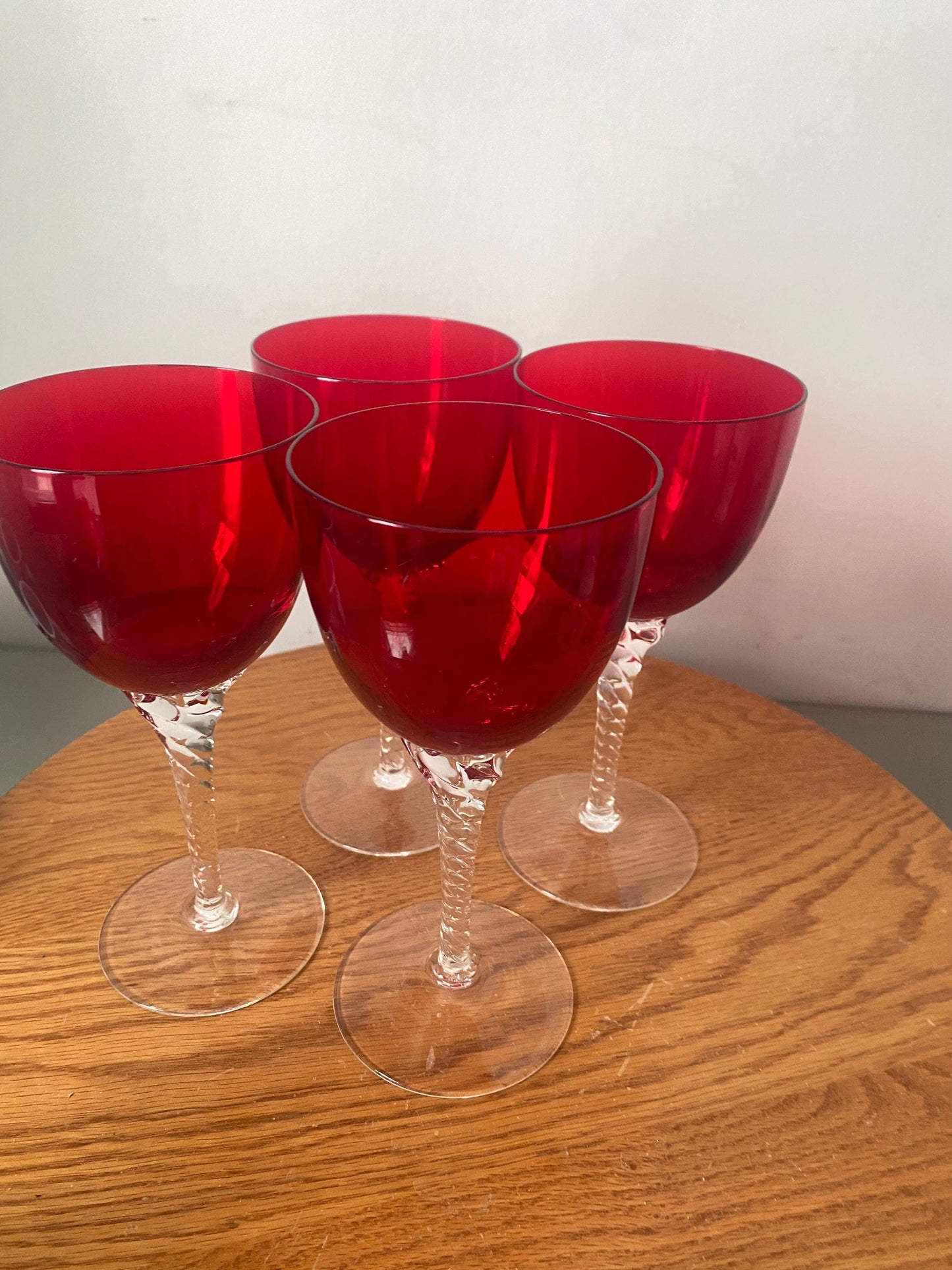 Set of 4 Vintage Ruby Red Bowl Wine Glasses with Twisted Clear Stem