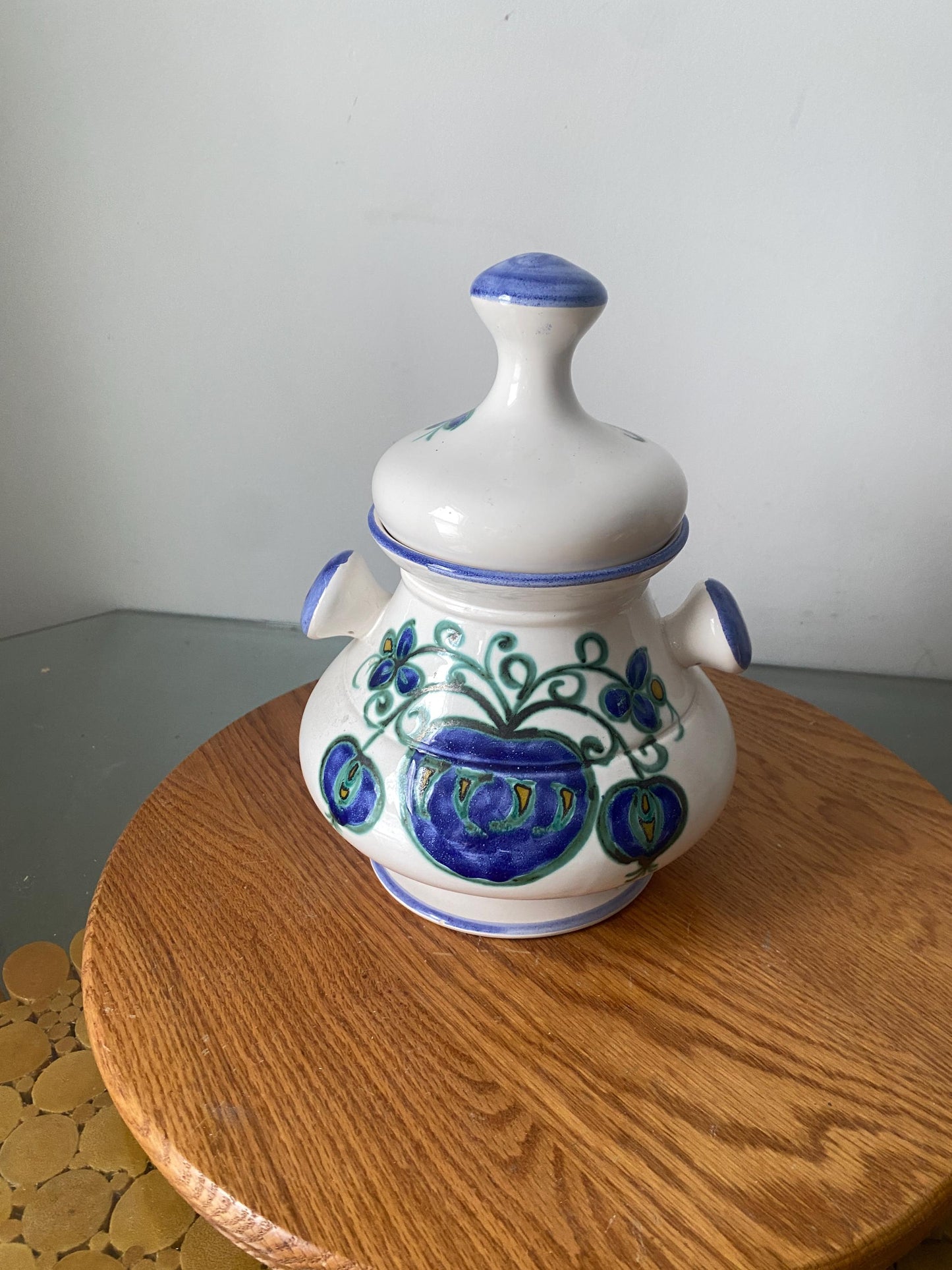 Vintage White Ceramic Dish with Lid and Blue Flowers