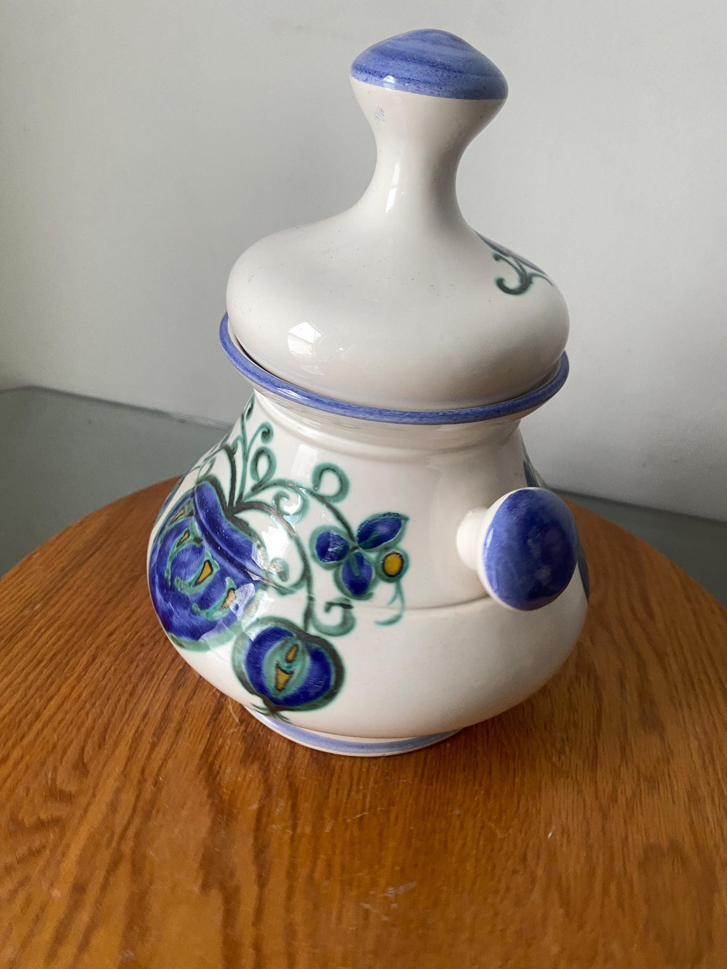 Vintage White Ceramic Dish with Lid and Blue Flowers