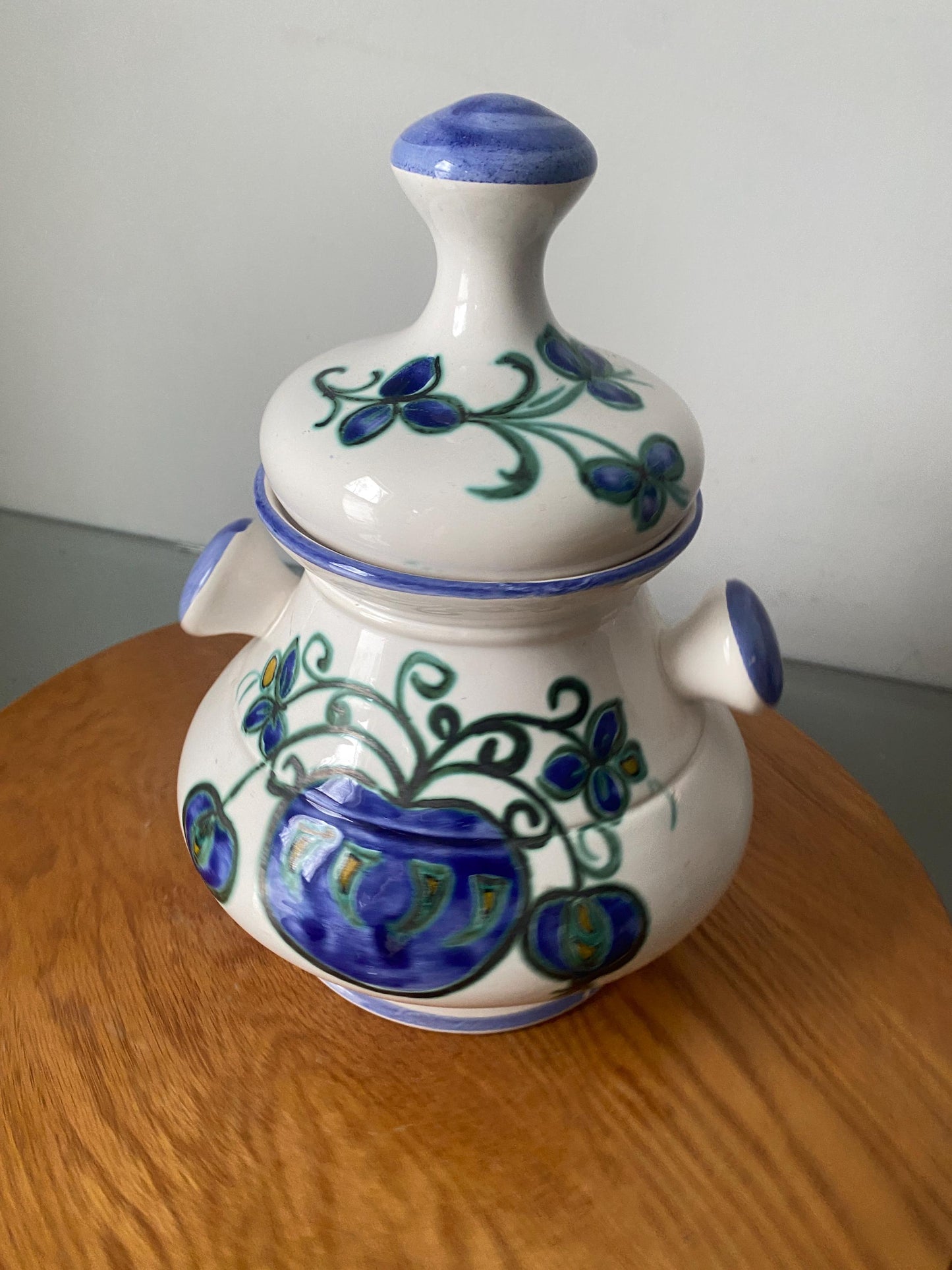 Vintage White Ceramic Dish with Lid and Blue Flowers