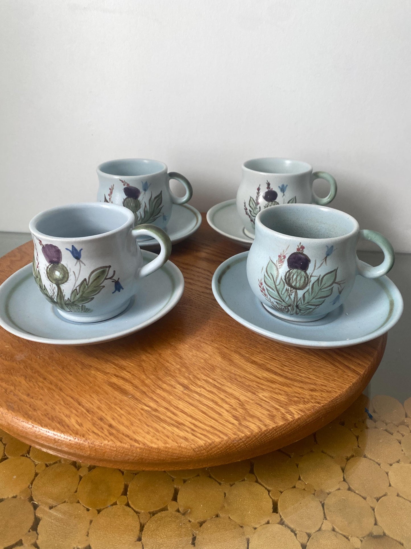 Vintage Set of 4 Hand Painted Buchan Stoneware Thistleware Portobello Cups and Saucers Made in Scotland