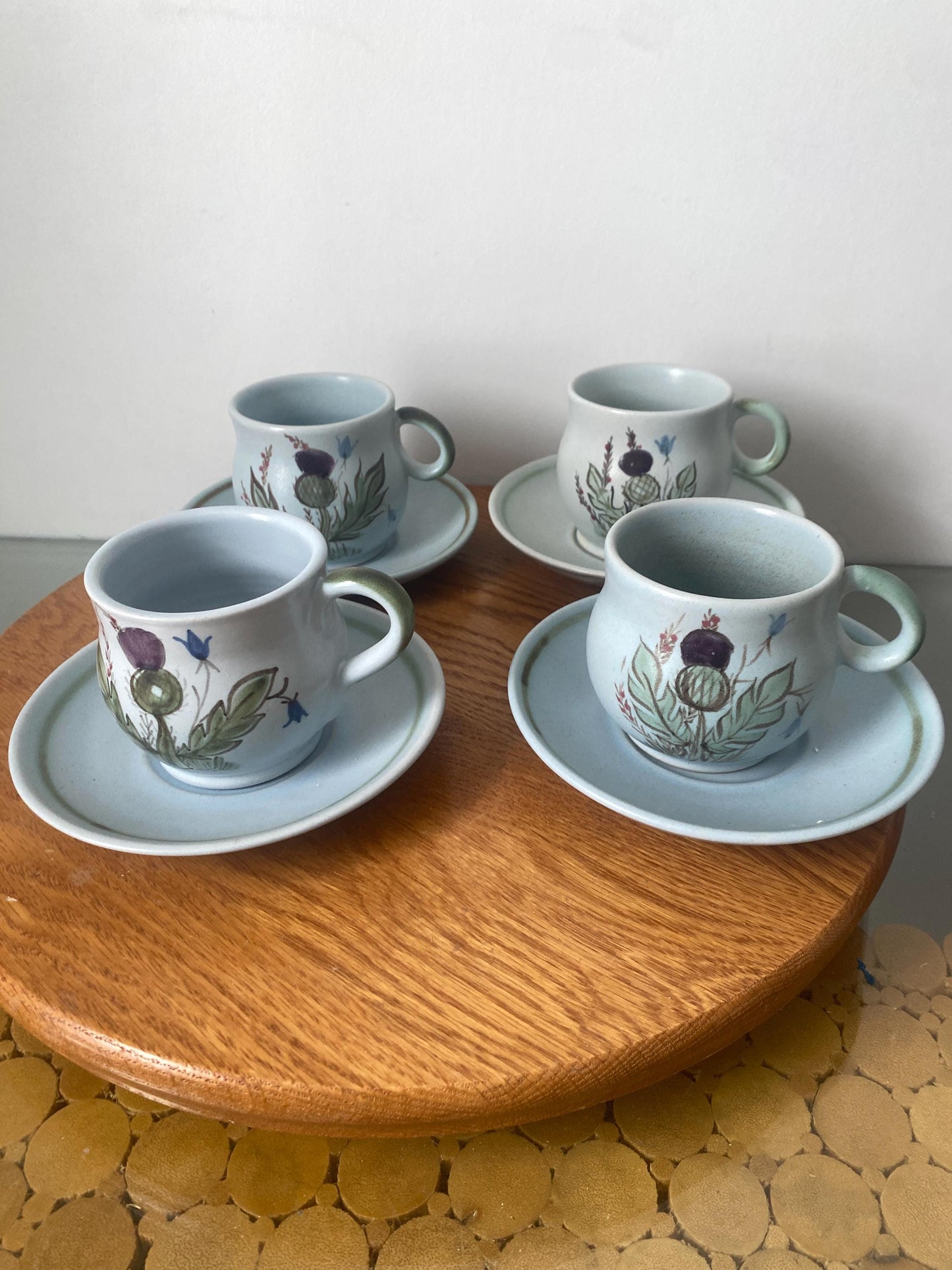 Vintage Set of 4 Hand Painted Buchan Stoneware Thistleware Portobello Cups and Saucers Made in Scotland