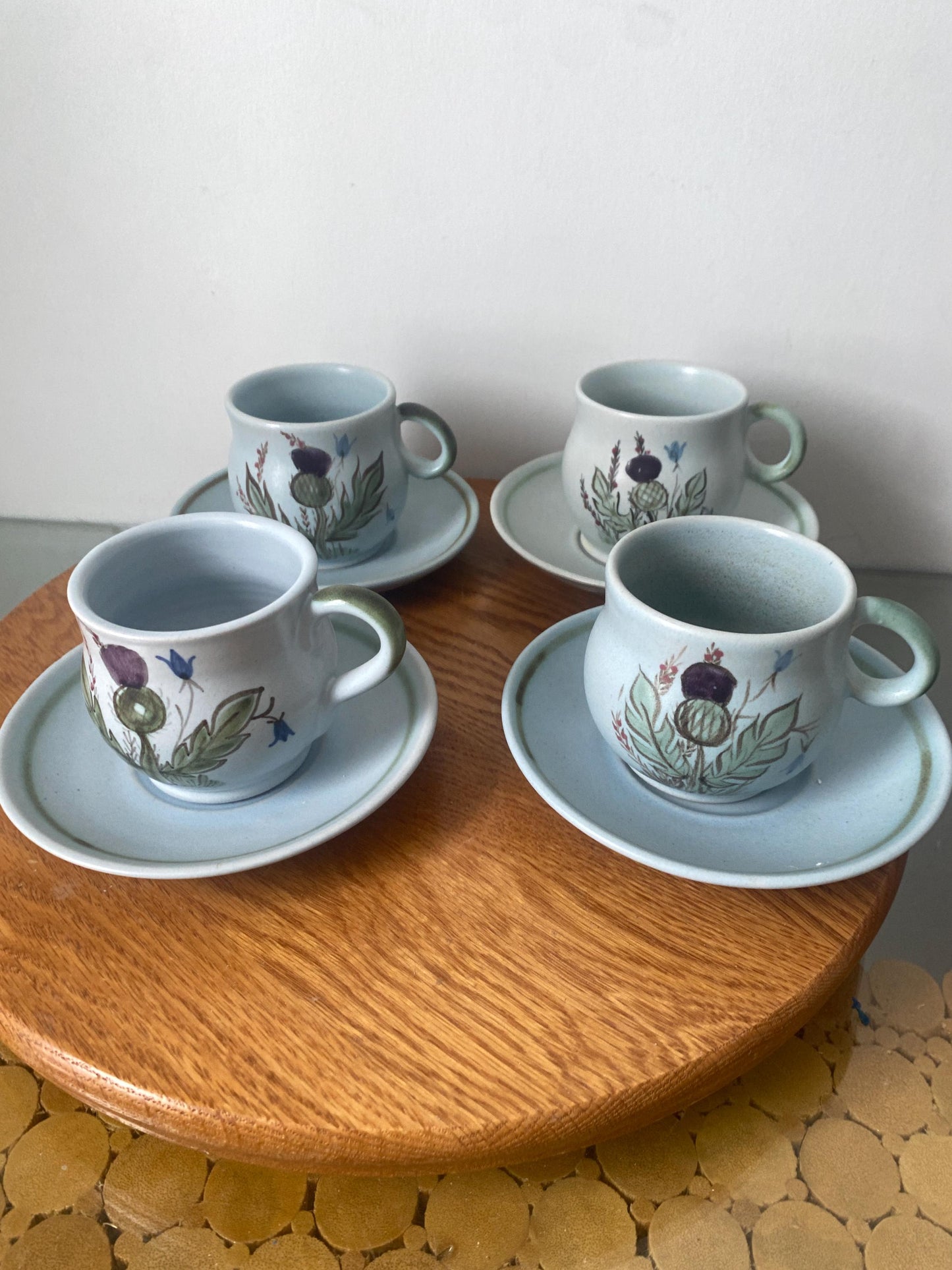 Vintage Set of 4 Hand Painted Buchan Stoneware Thistleware Portobello Cups and Saucers Made in Scotland
