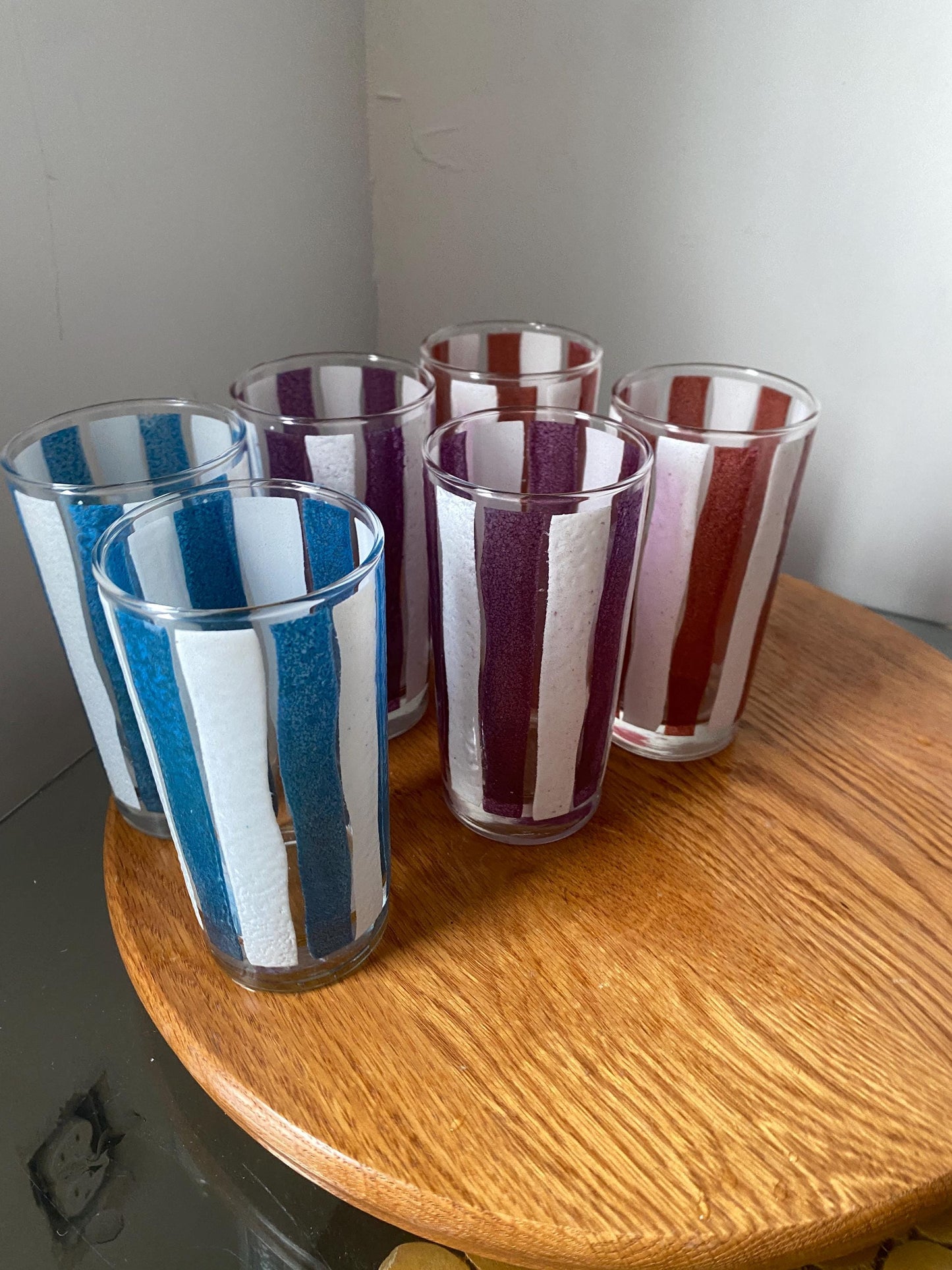 Vintage Set of 6 Colourful Striped Glass Tumblers