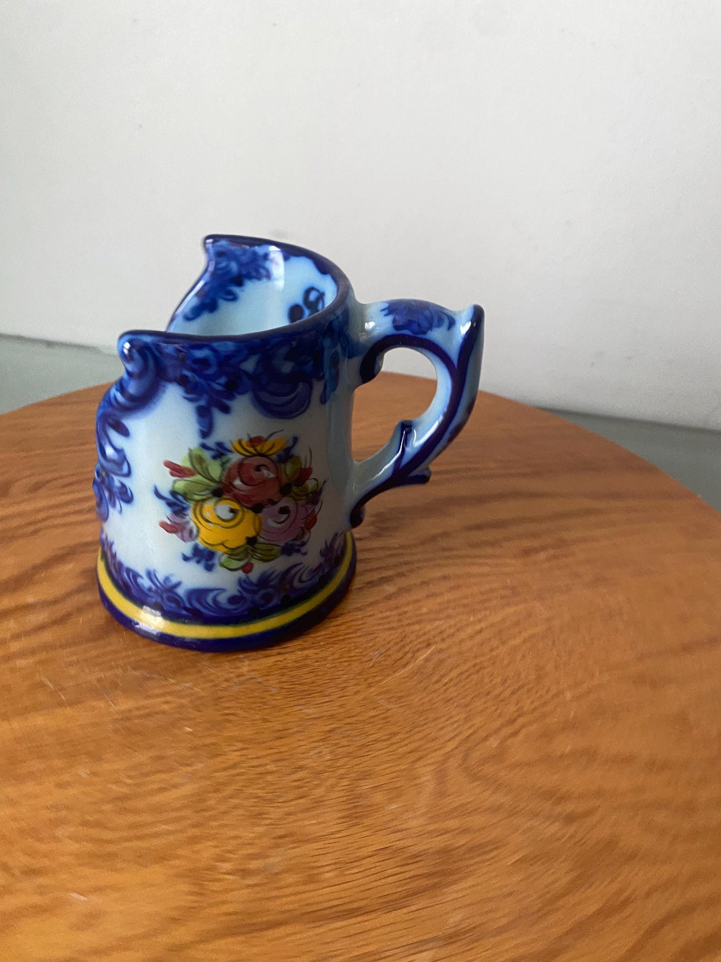 Vintage Handpainted Blue Ceramic Candle Holder with Handle Made in Portugal